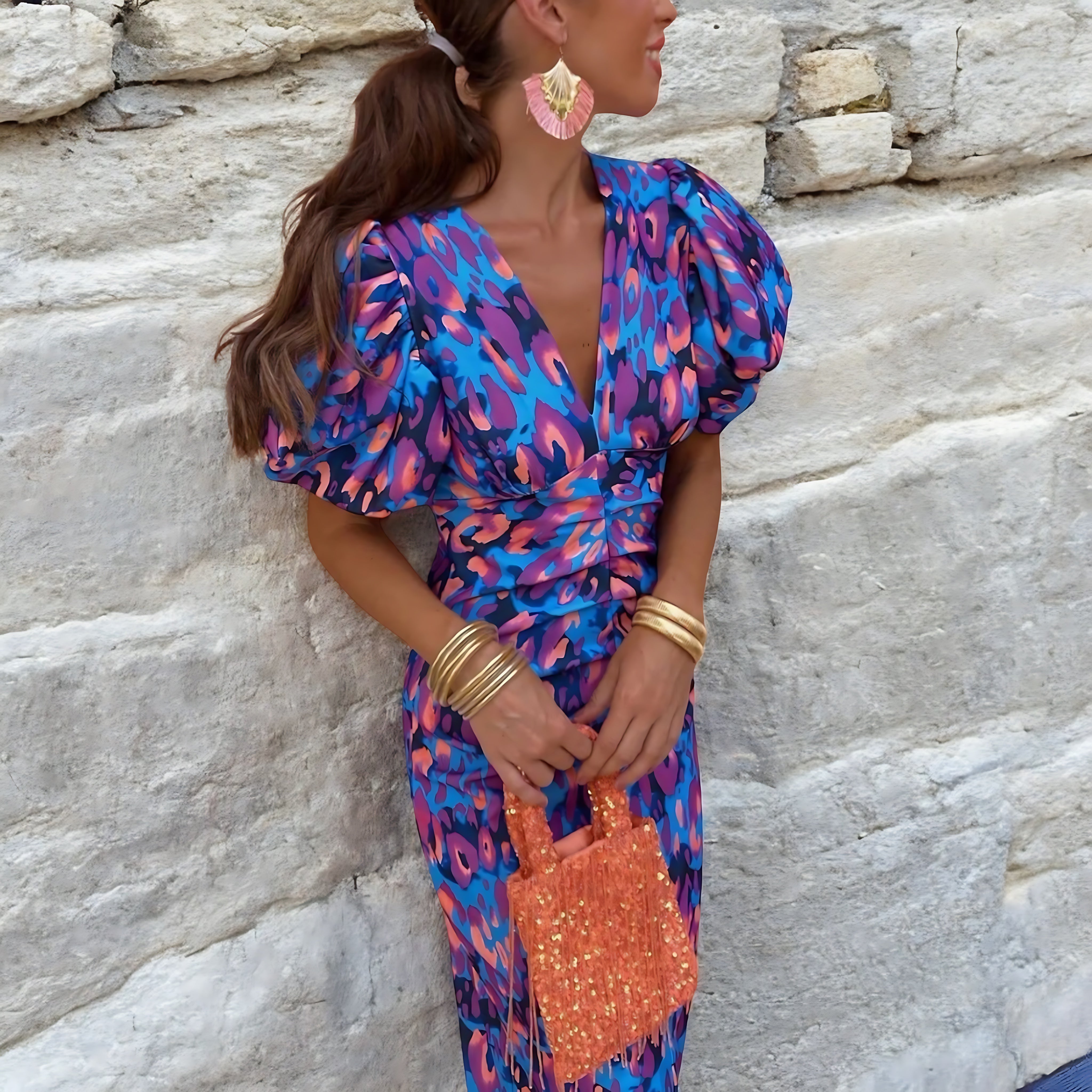 Harriet – Floral Puff Sleeve Ruched Wedding Guest Midi Dress