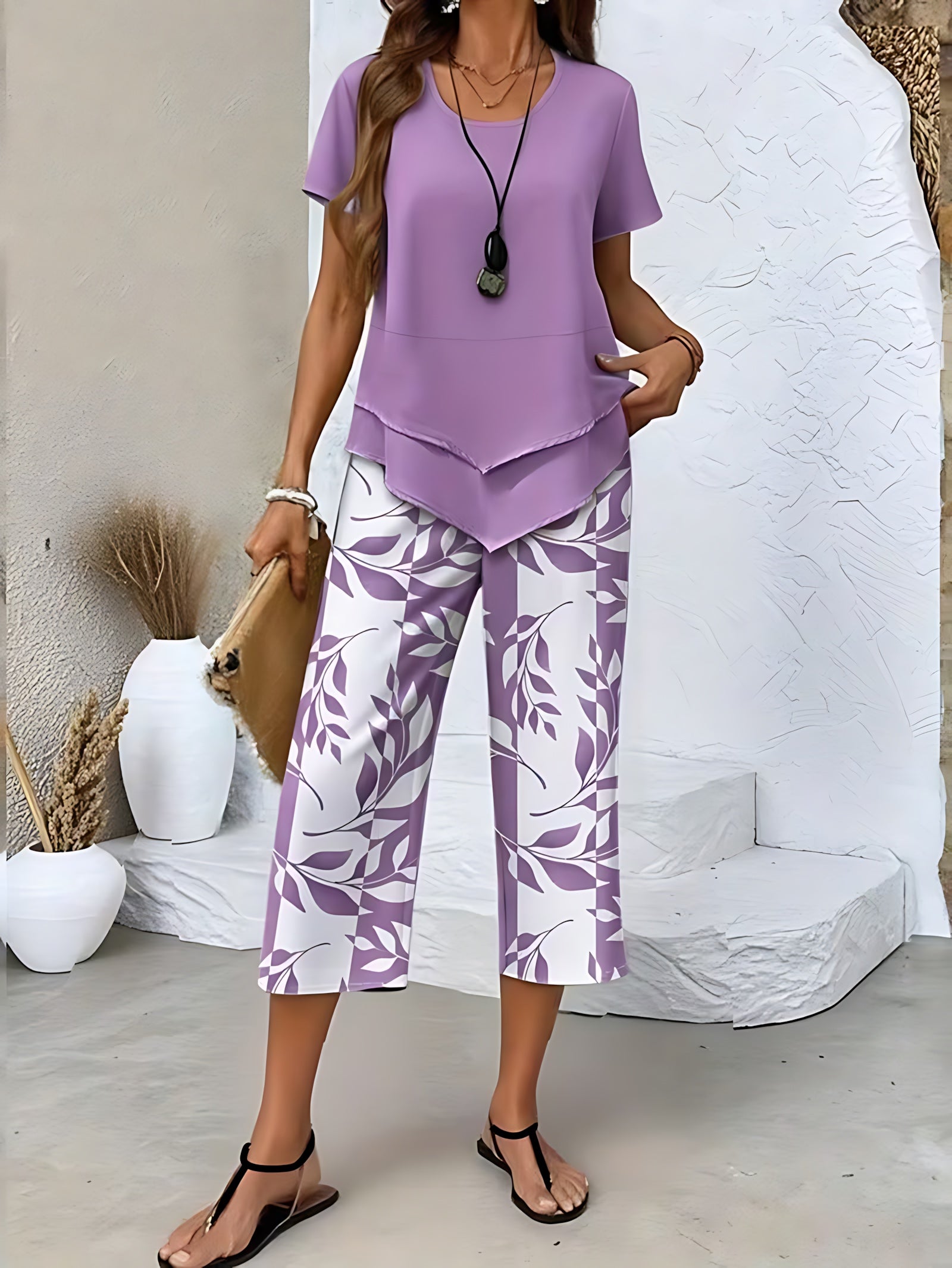 Harriet – Tunic Top and Leaf Print Cropped Pants Set