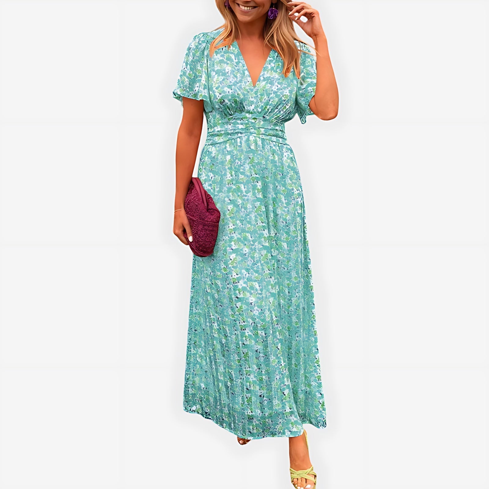 Hazel – Ditsy Floral V Neck Puff Sleeve Midi Dress