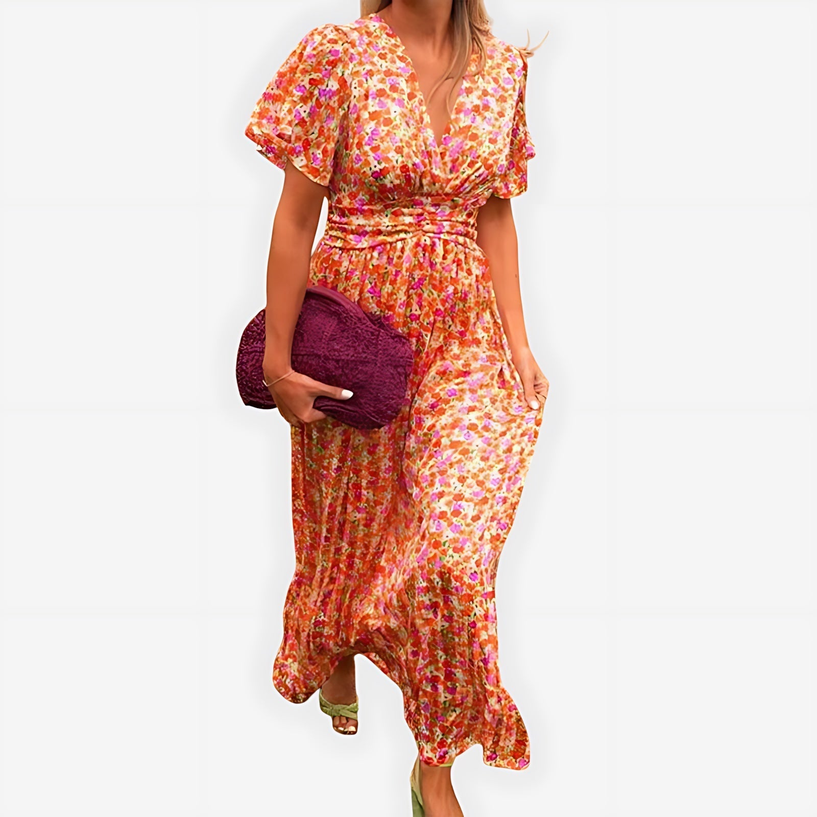 Hazel – Ditsy Floral V Neck Puff Sleeve Midi Dress