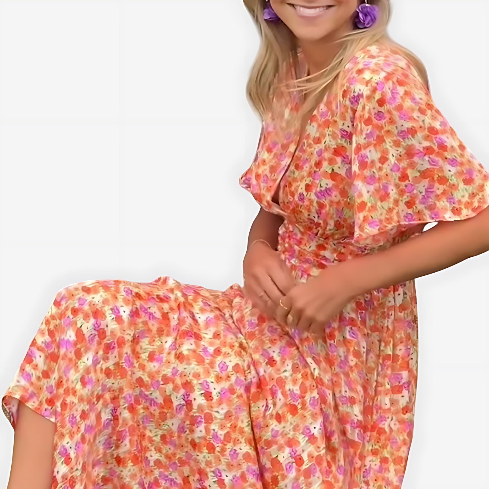 Hazel – Ditsy Floral V Neck Puff Sleeve Midi Dress