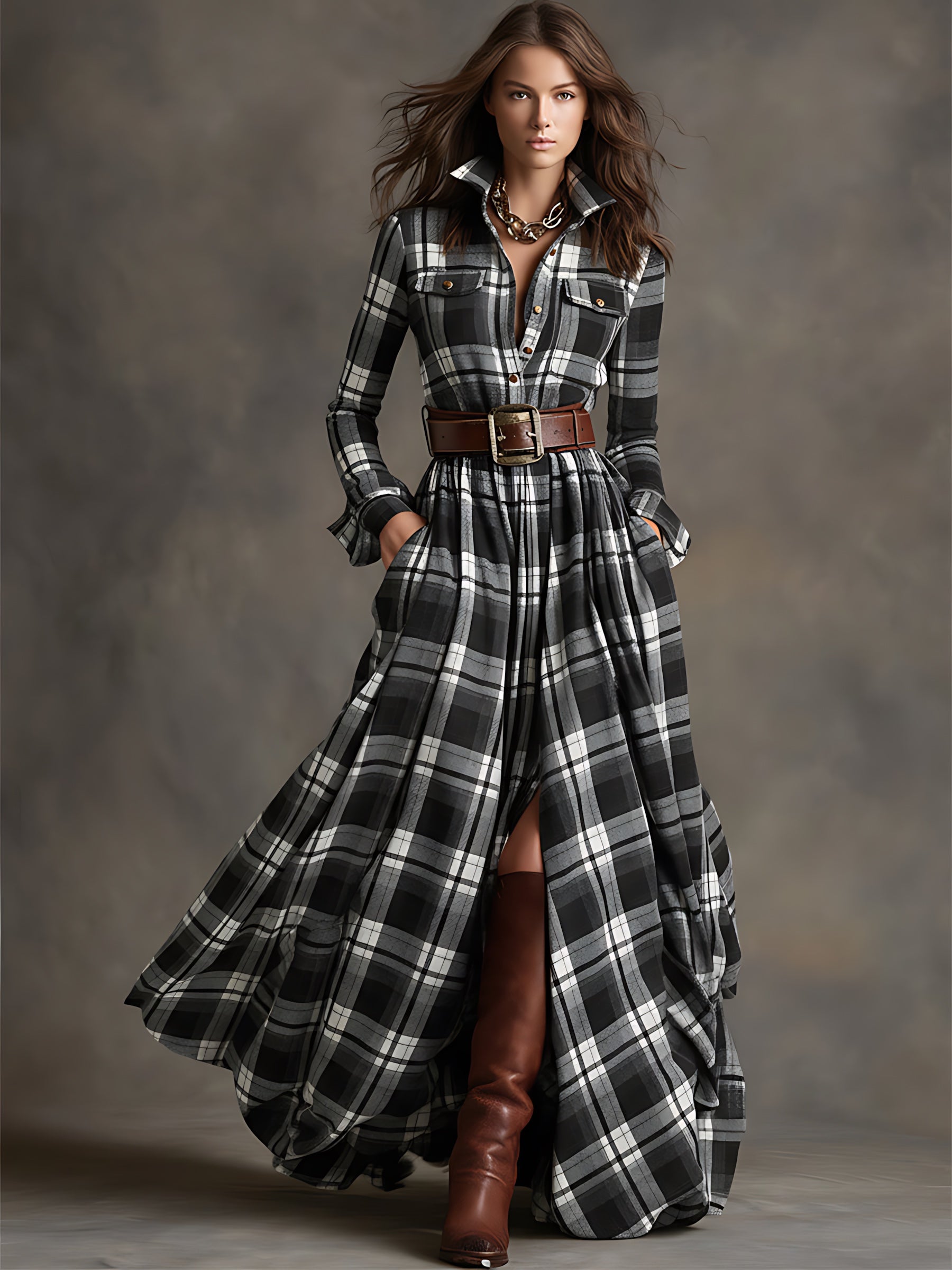 Hazel – Plaid Long Sleeve Maxi Shirt Dress