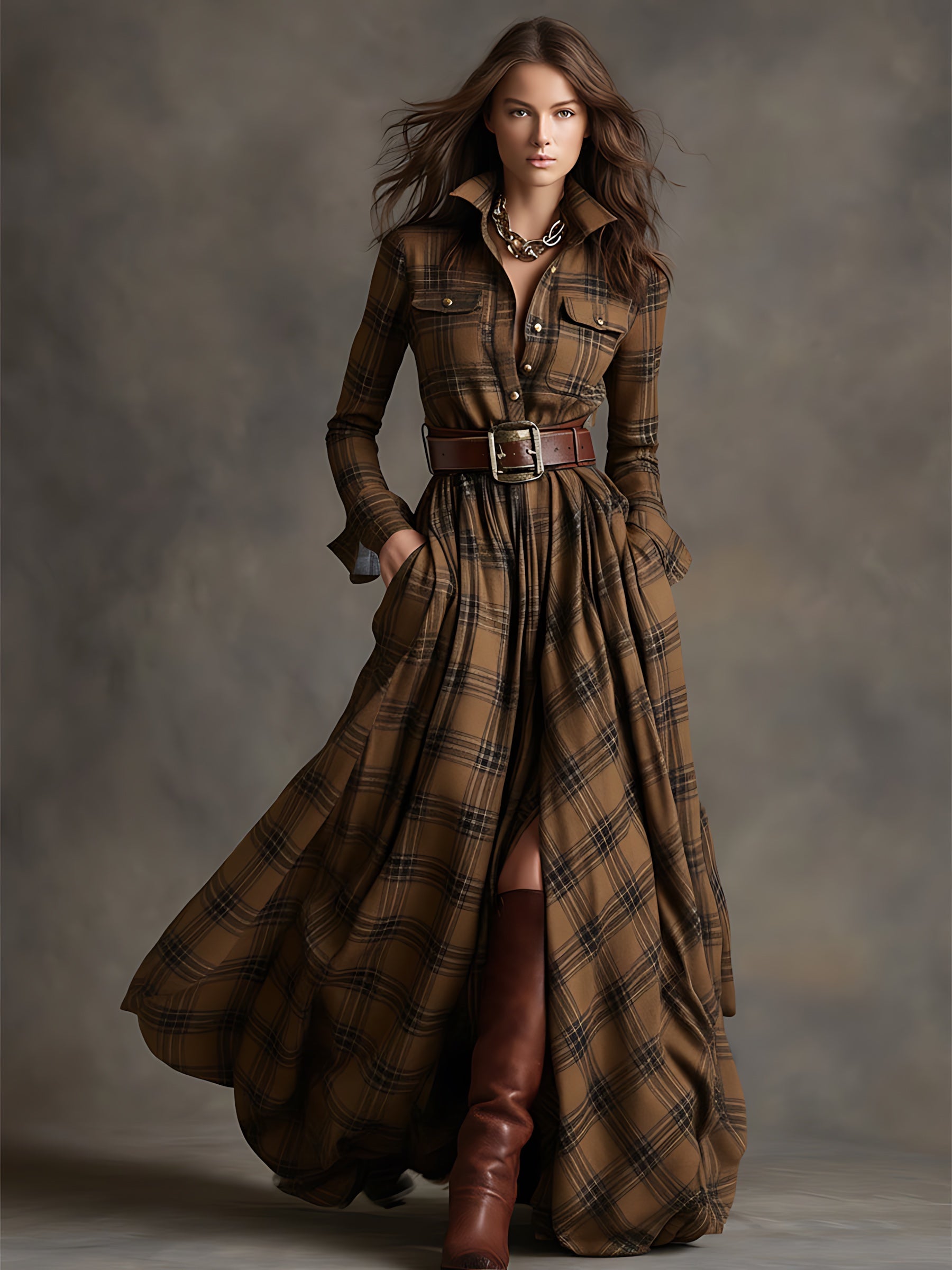 Hazel – Plaid Long Sleeve Maxi Shirt Dress