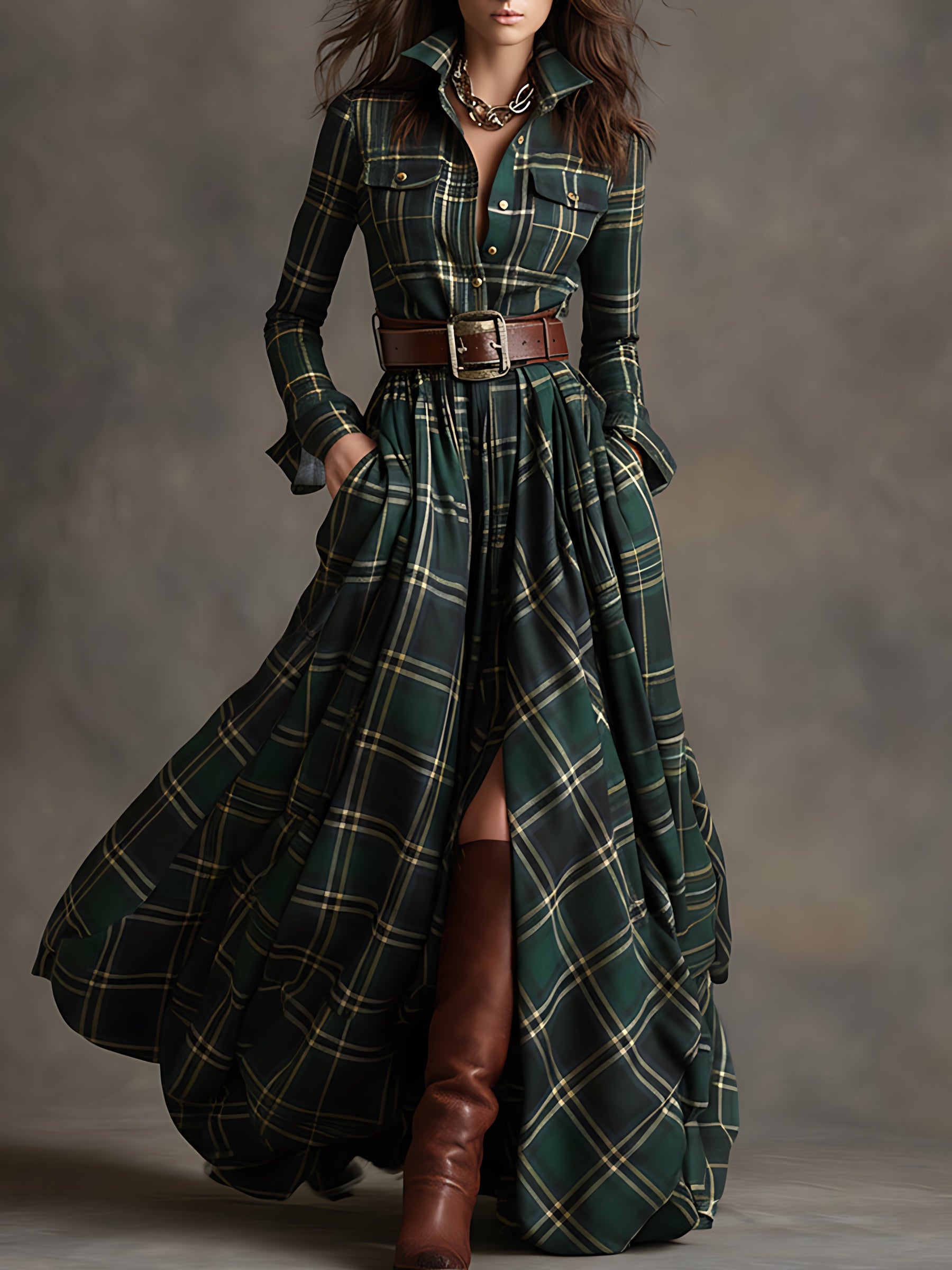 Hazel – Plaid Long Sleeve Maxi Shirt Dress