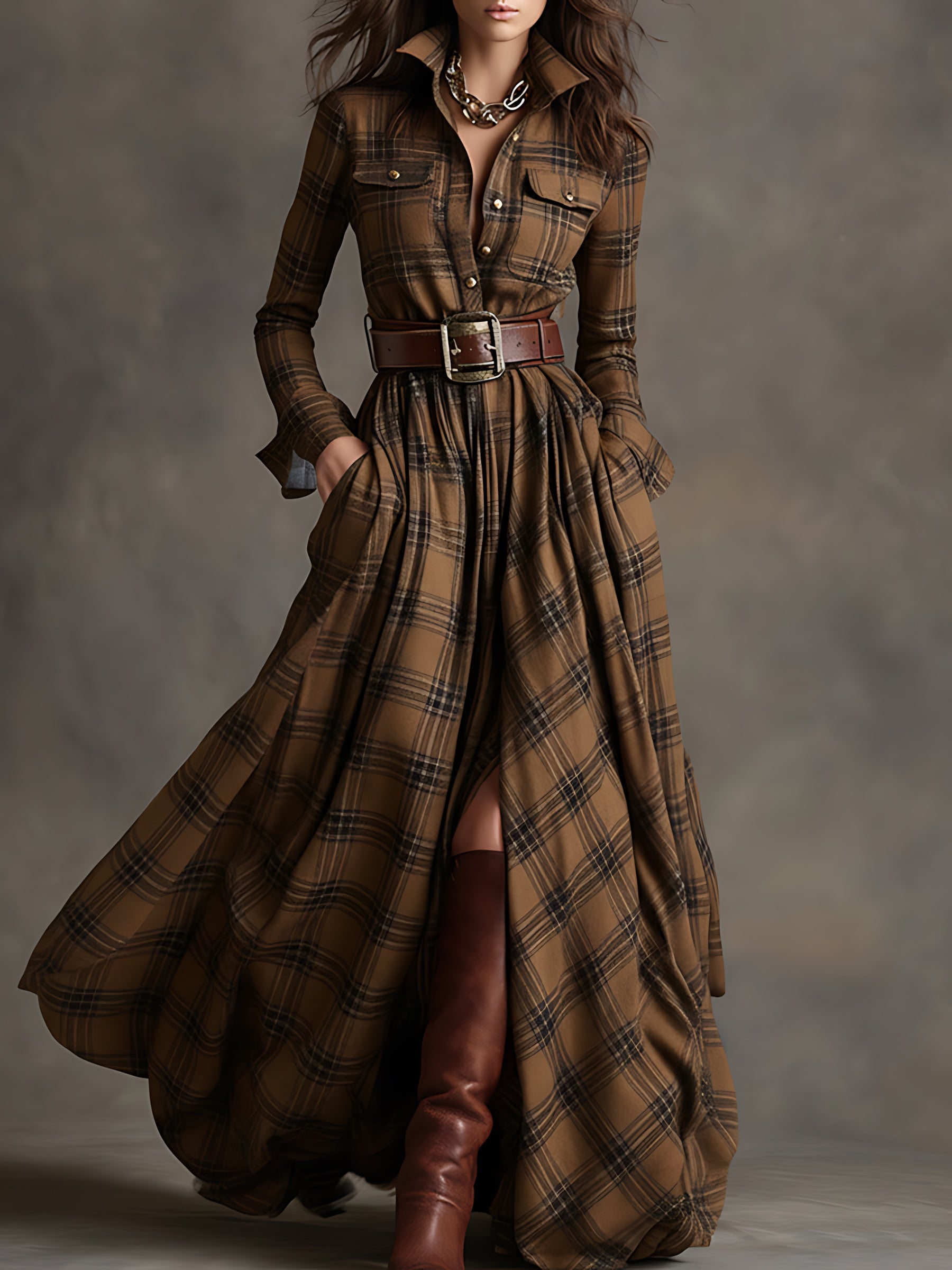 Hazel – Plaid Long Sleeve Maxi Shirt Dress