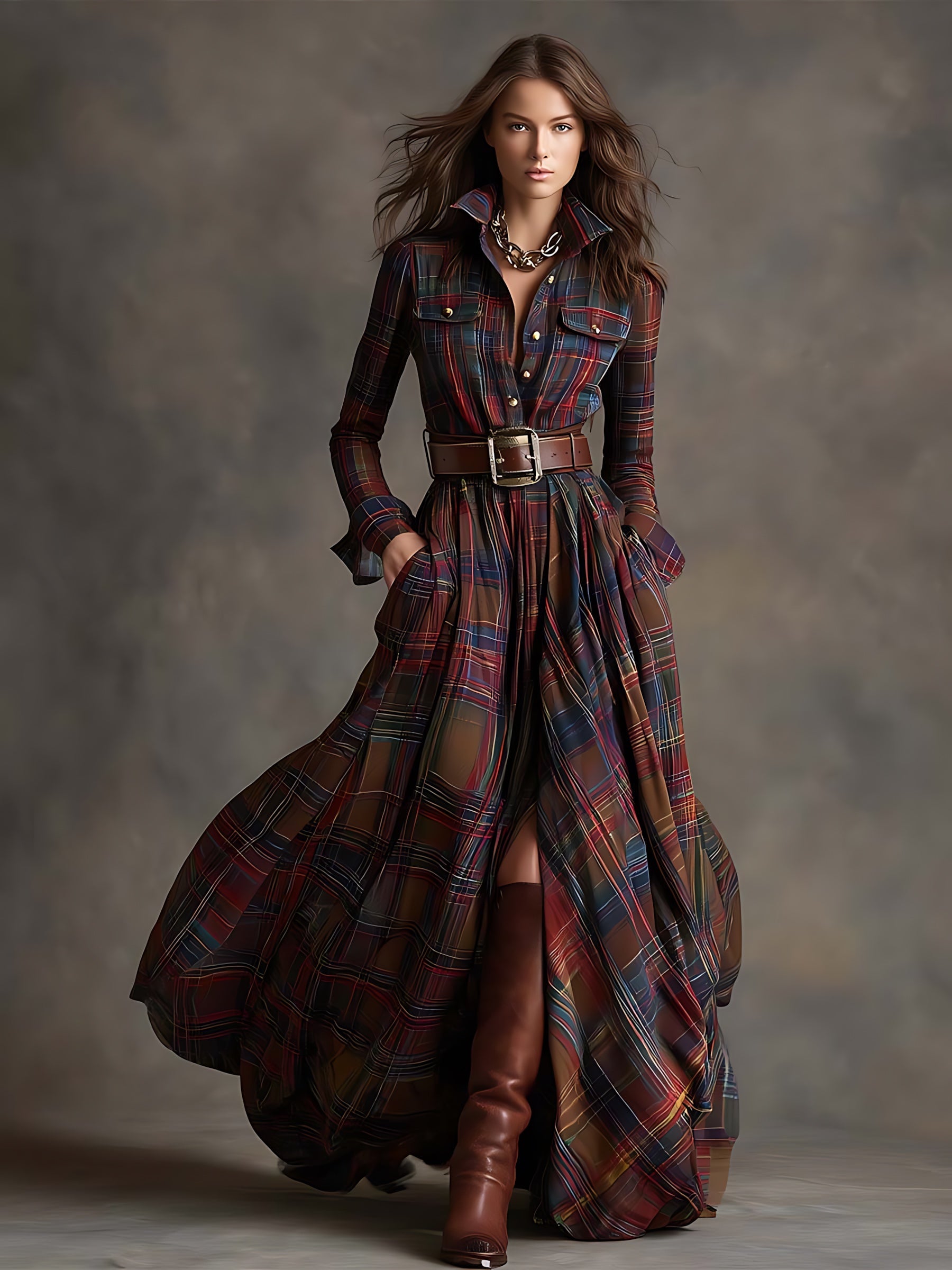 Hazel – Plaid Long Sleeve Maxi Shirt Dress