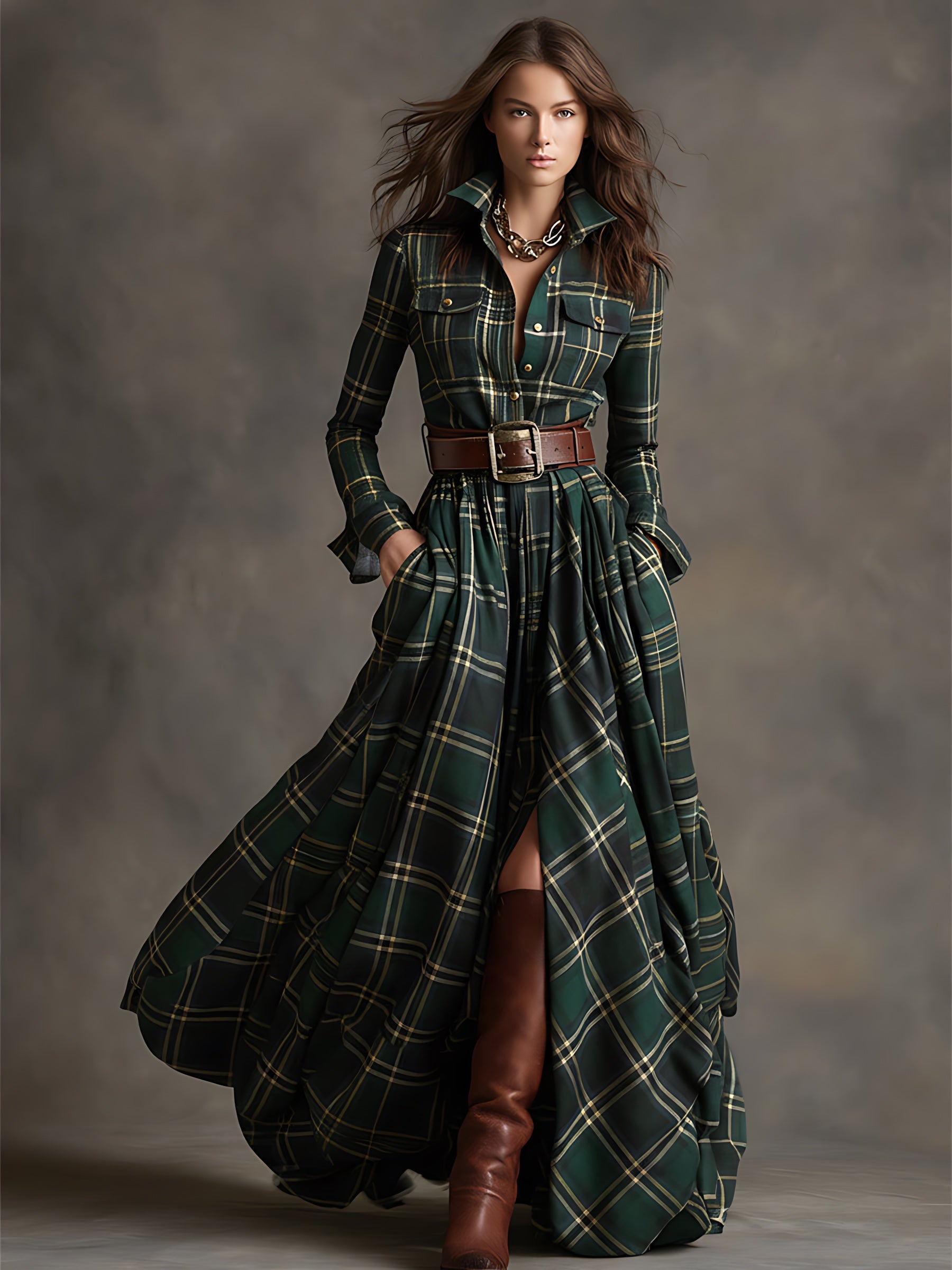 Hazel – Plaid Long Sleeve Maxi Shirt Dress
