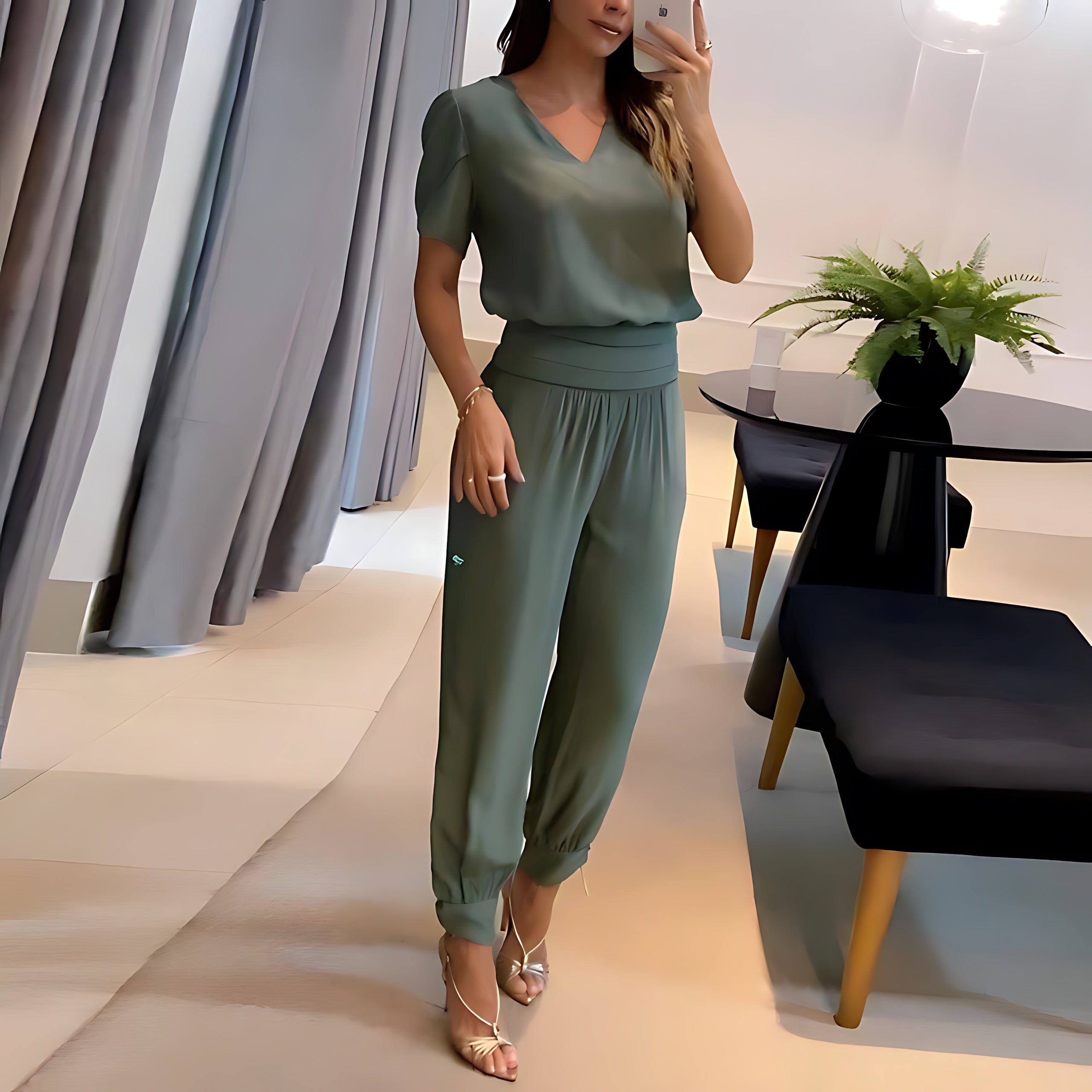 Hope – Short Sleeve V Neck Top and Geometric Print Pants Set