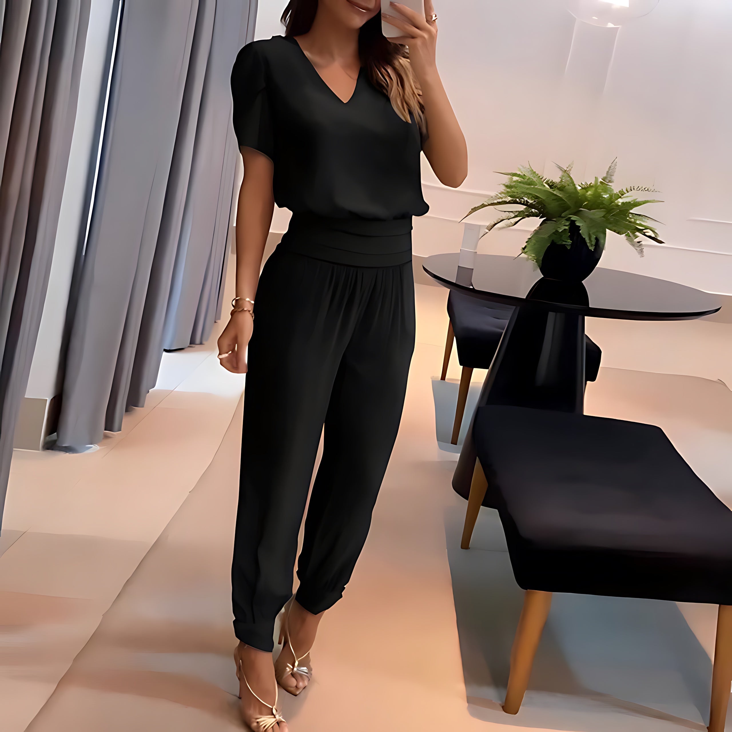 Hope – Short Sleeve V Neck Top and Geometric Print Pants Set