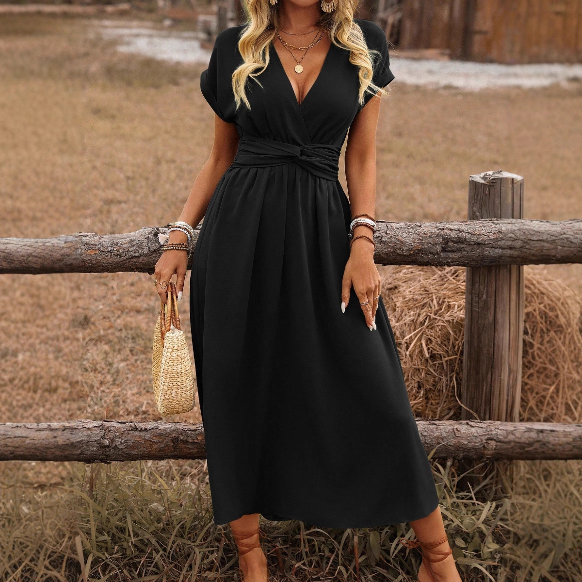 Amber – Wrap V Neck Flutter Sleeve Cocktail Midi Dress