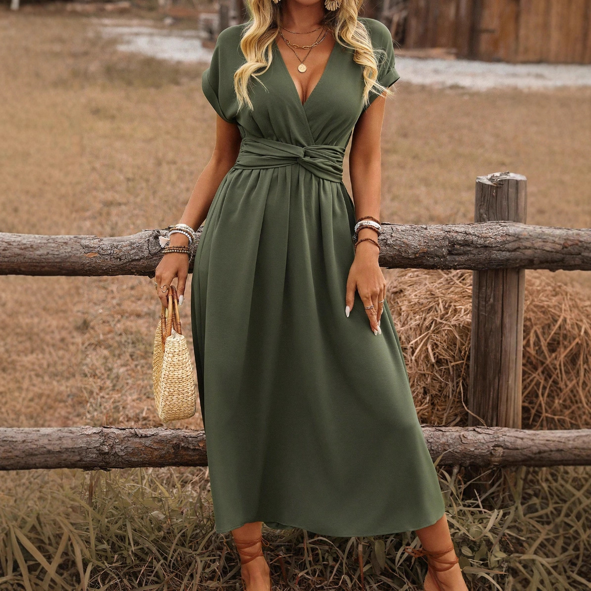 Amber – Wrap V Neck Flutter Sleeve Cocktail Midi Dress