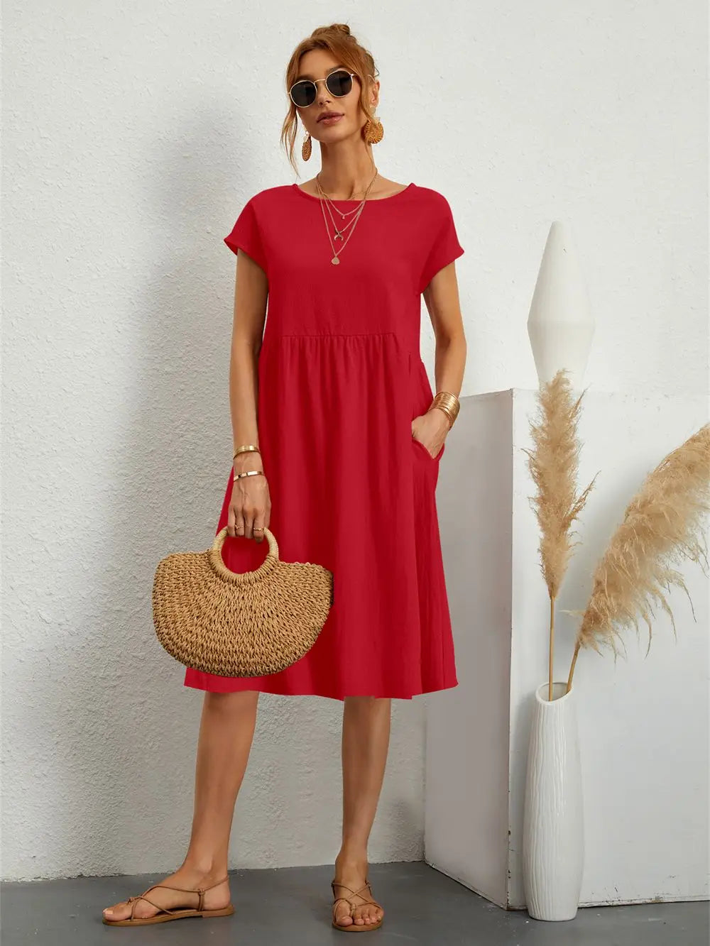 Sabrina – Crew Neck Short Sleeve A Line Midi Dress