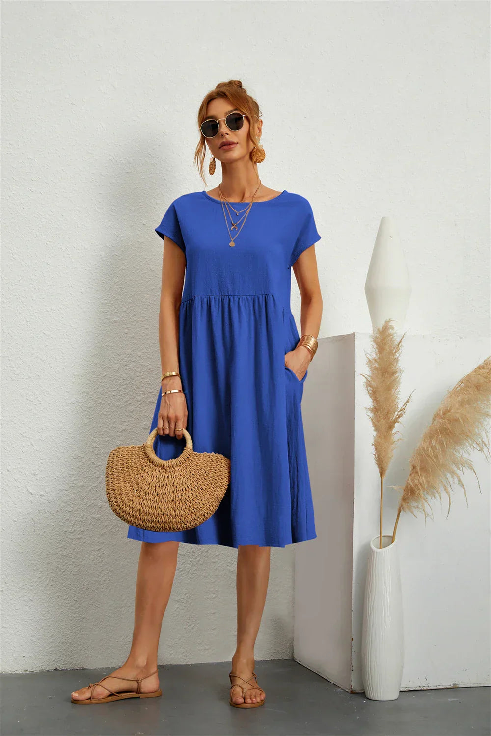 Sabrina – Crew Neck Short Sleeve A Line Midi Dress
