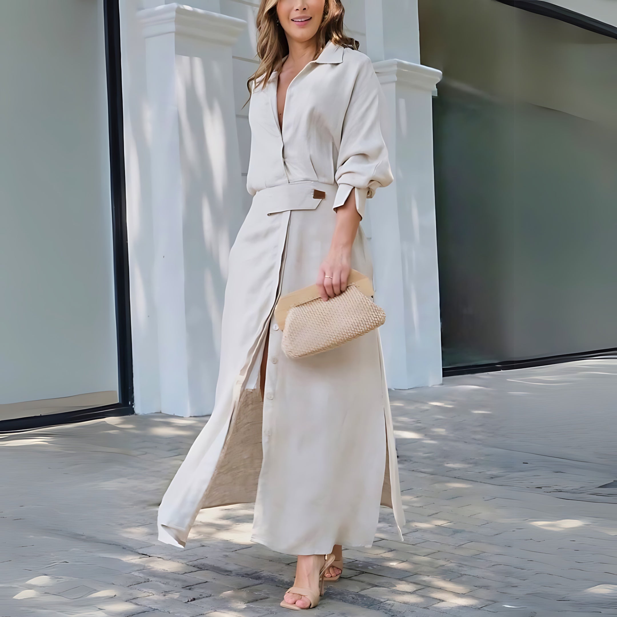 Imogen – V Neck Tie Waist Maxi Shirt Dress