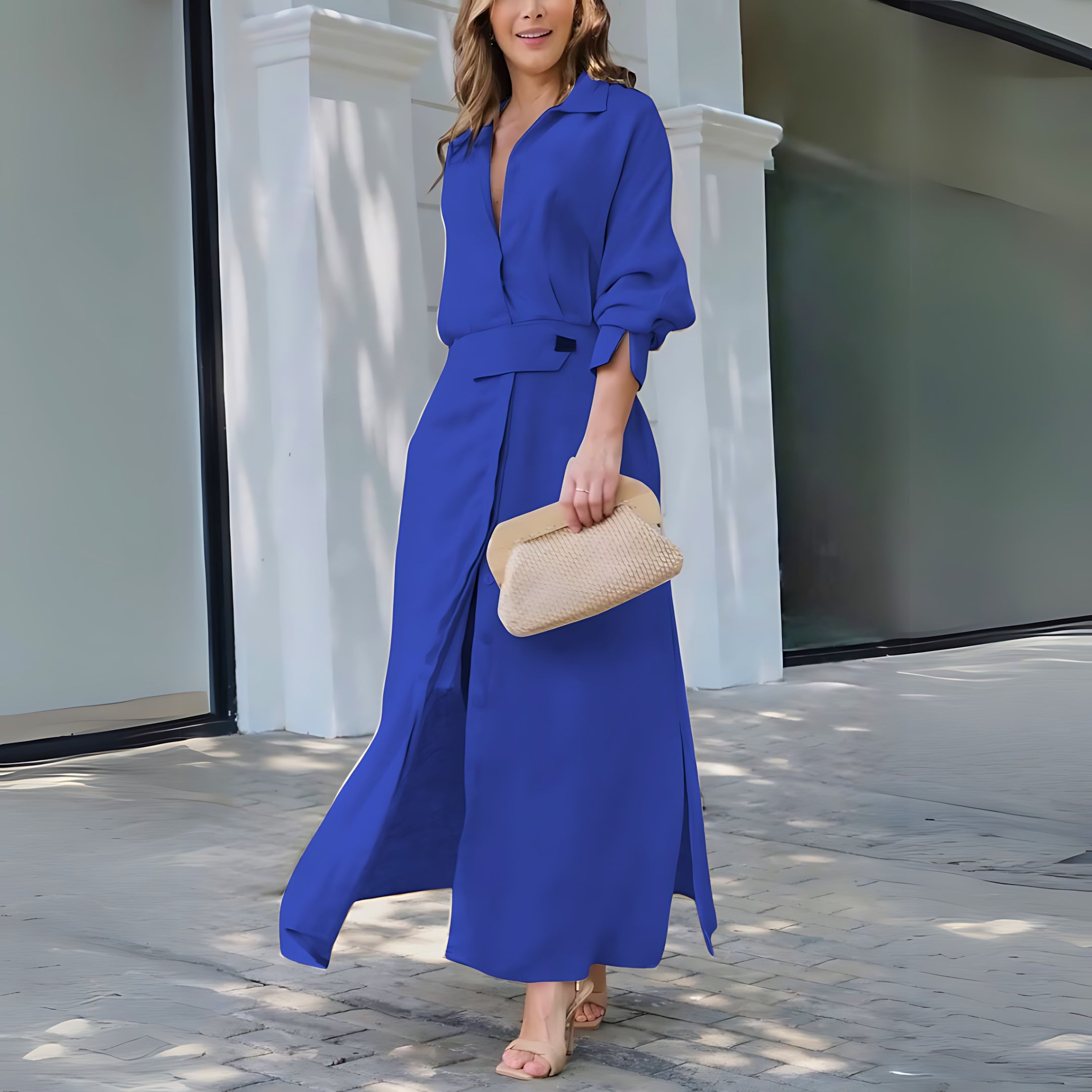 Imogen – V Neck Tie Waist Maxi Shirt Dress