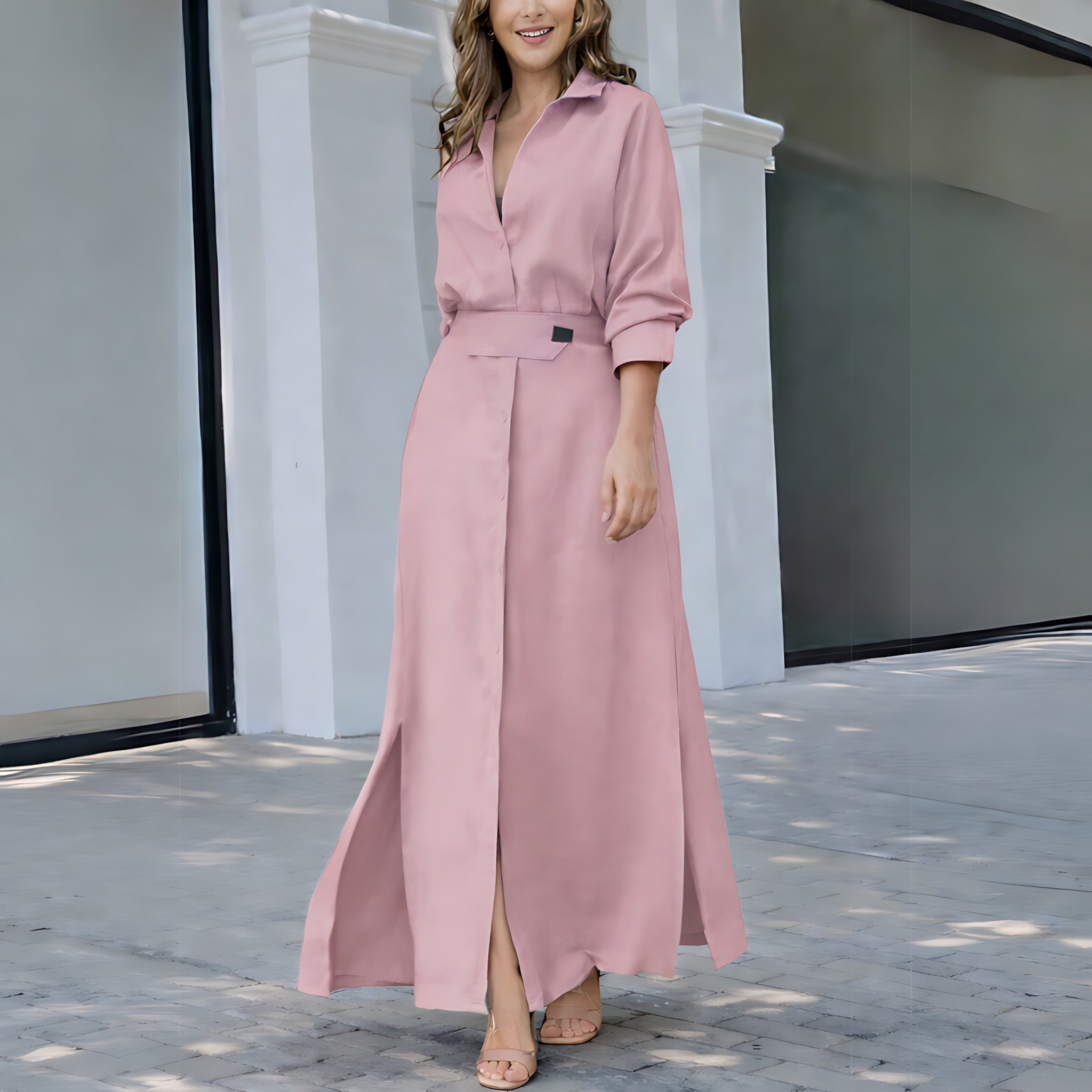 Imogen – V Neck Tie Waist Maxi Shirt Dress