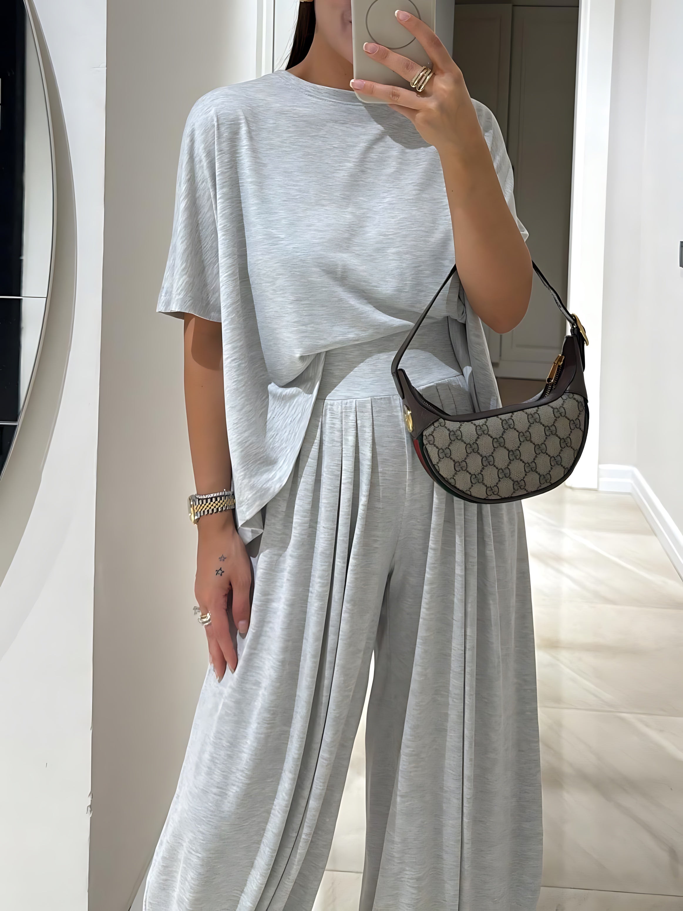 Iris – Crew Neck Short Sleeve Top and Wide Leg Pants Set