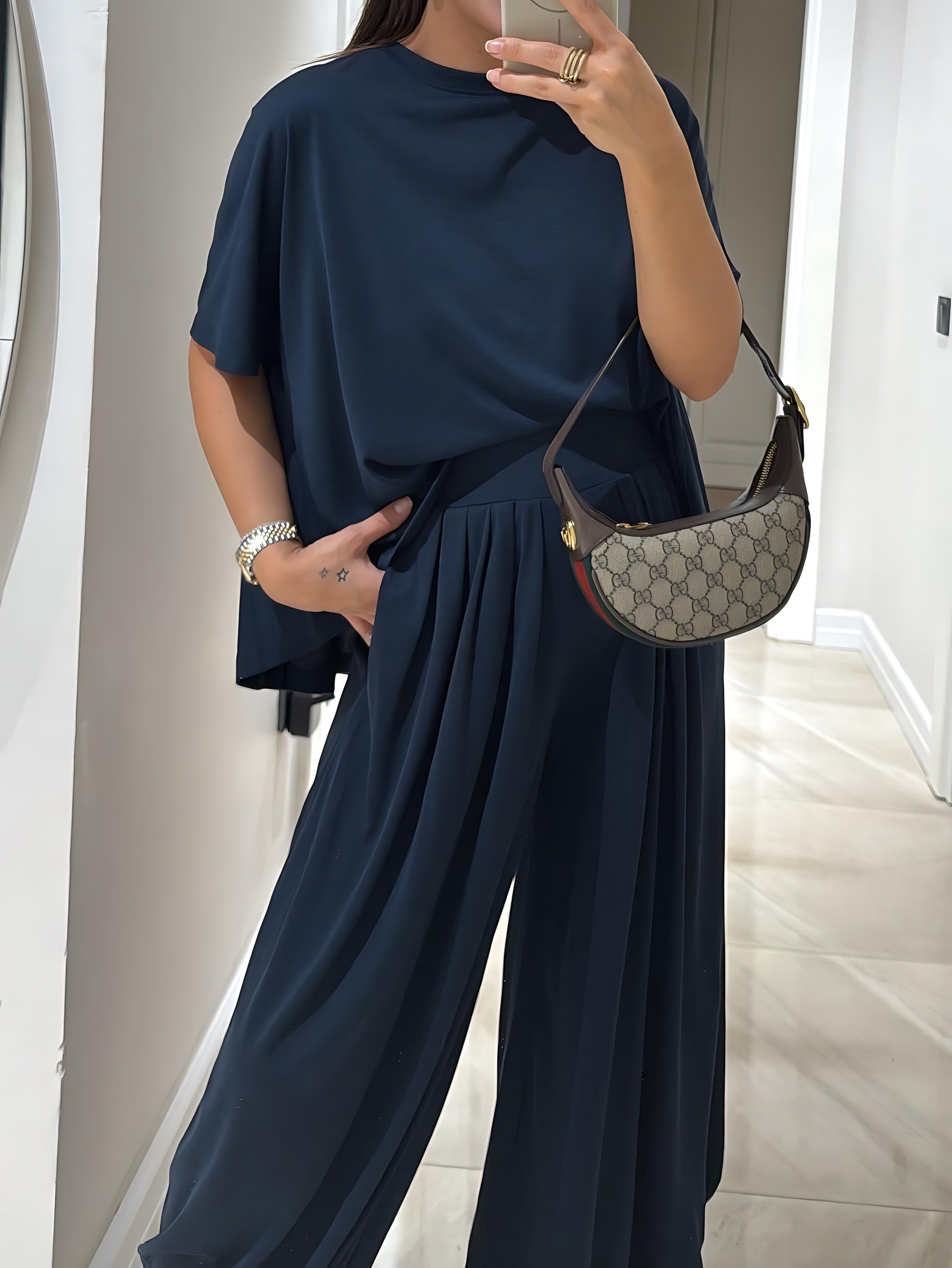 Iris – Crew Neck Short Sleeve Top and Wide Leg Pants Set