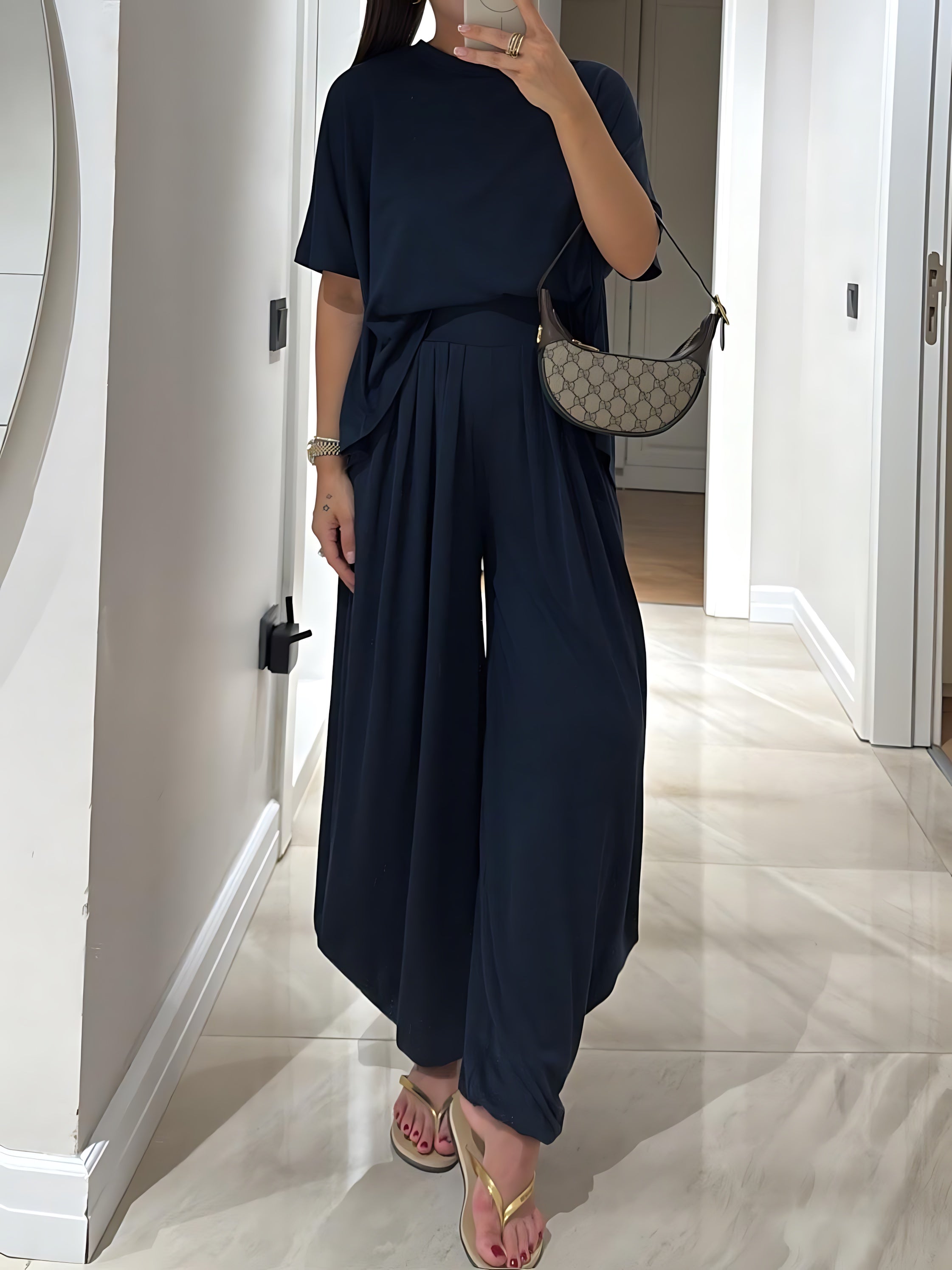 Iris – Crew Neck Short Sleeve Top and Wide Leg Pants Set