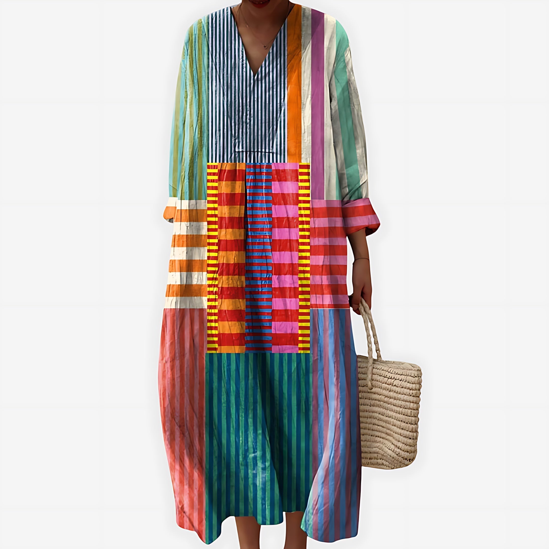 Iris – Striped Colorblock Collared Midi Dress