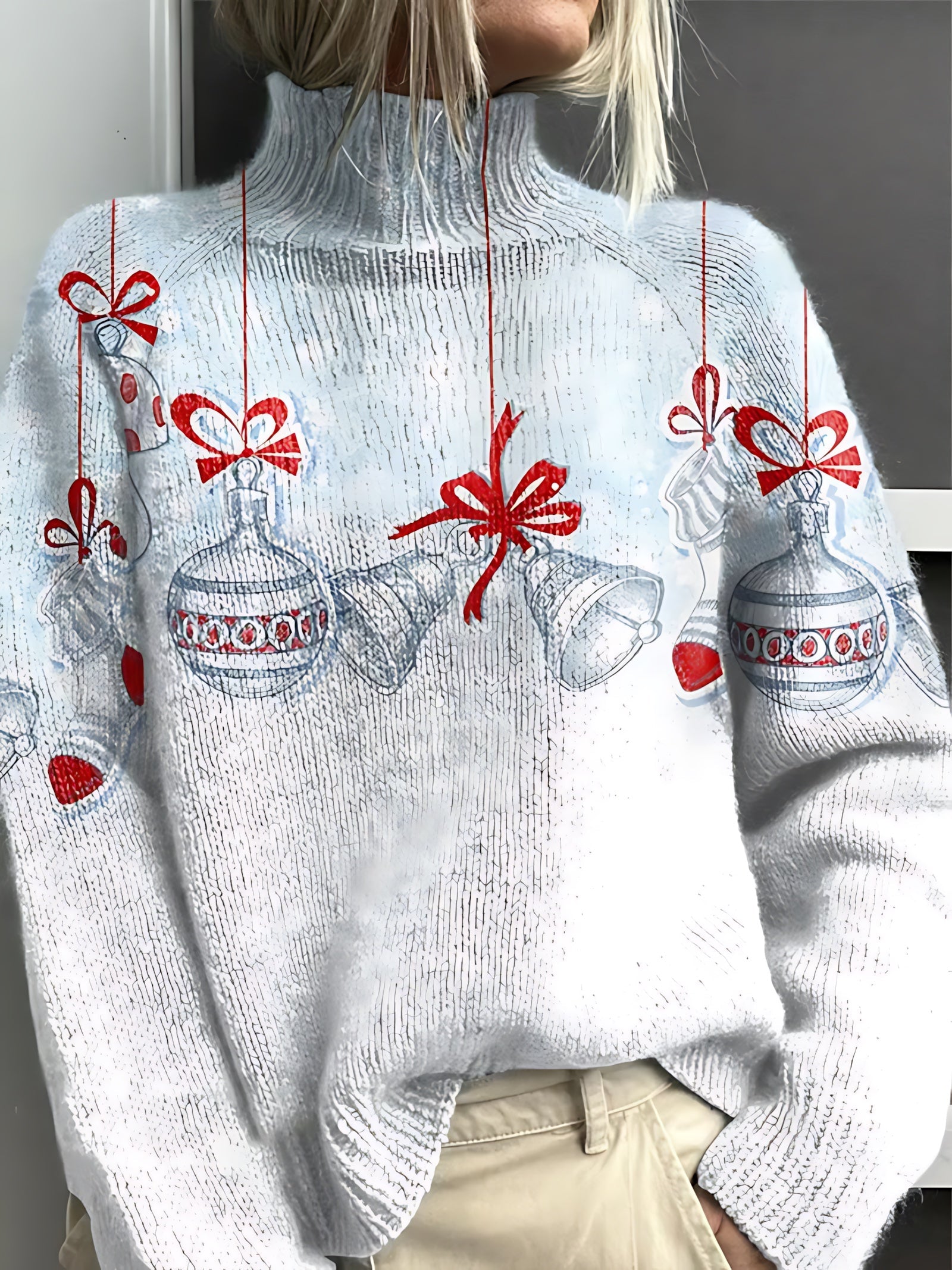 Isabella – Bow Print Mock Neck Christmas Sweater