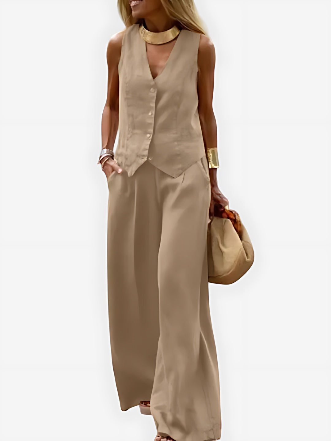Isabella – Button Up Vest and Wide Leg Pants Set
