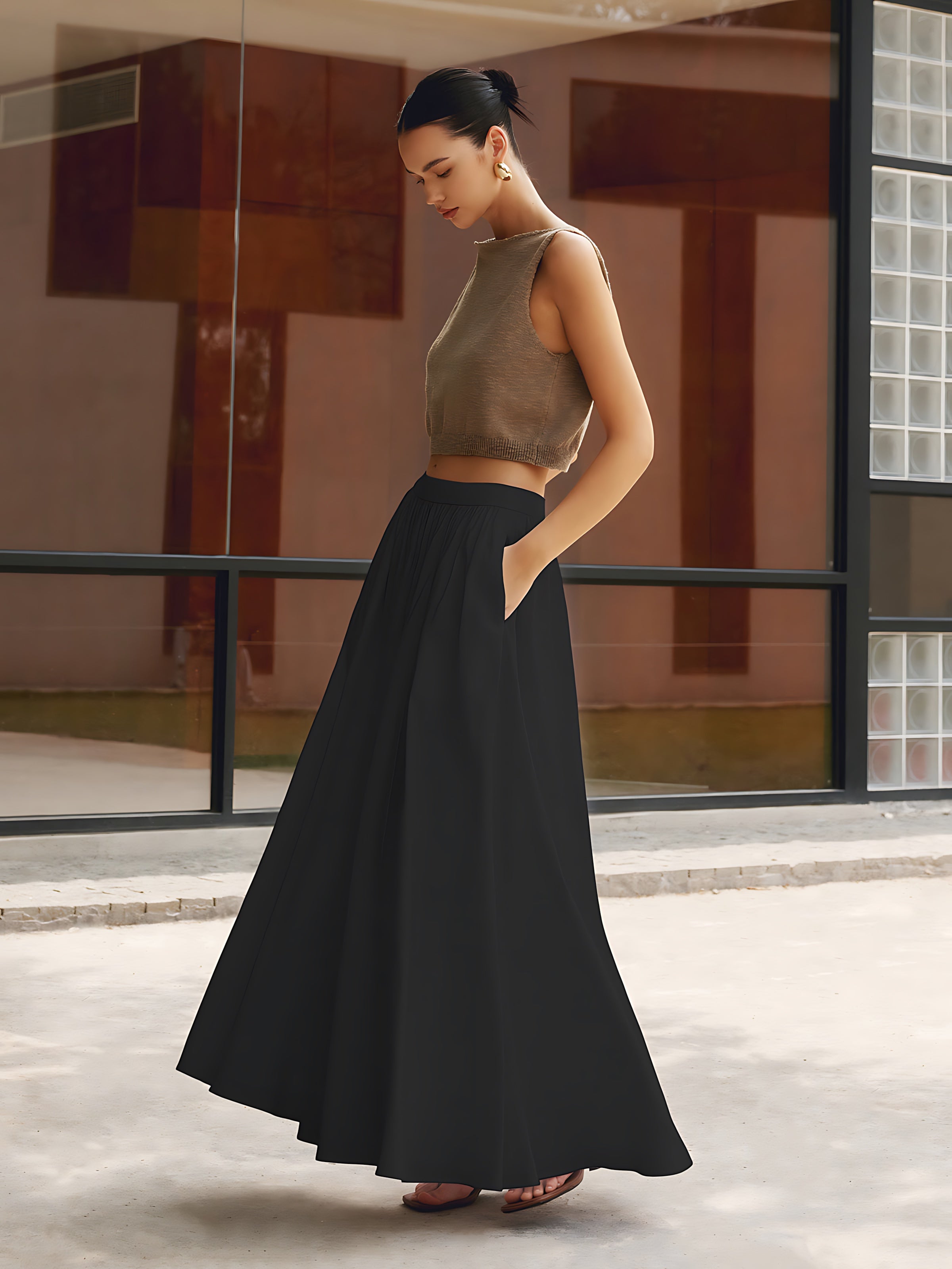 Isabelle – High Waist Pleated A-Line Maxi Skirt