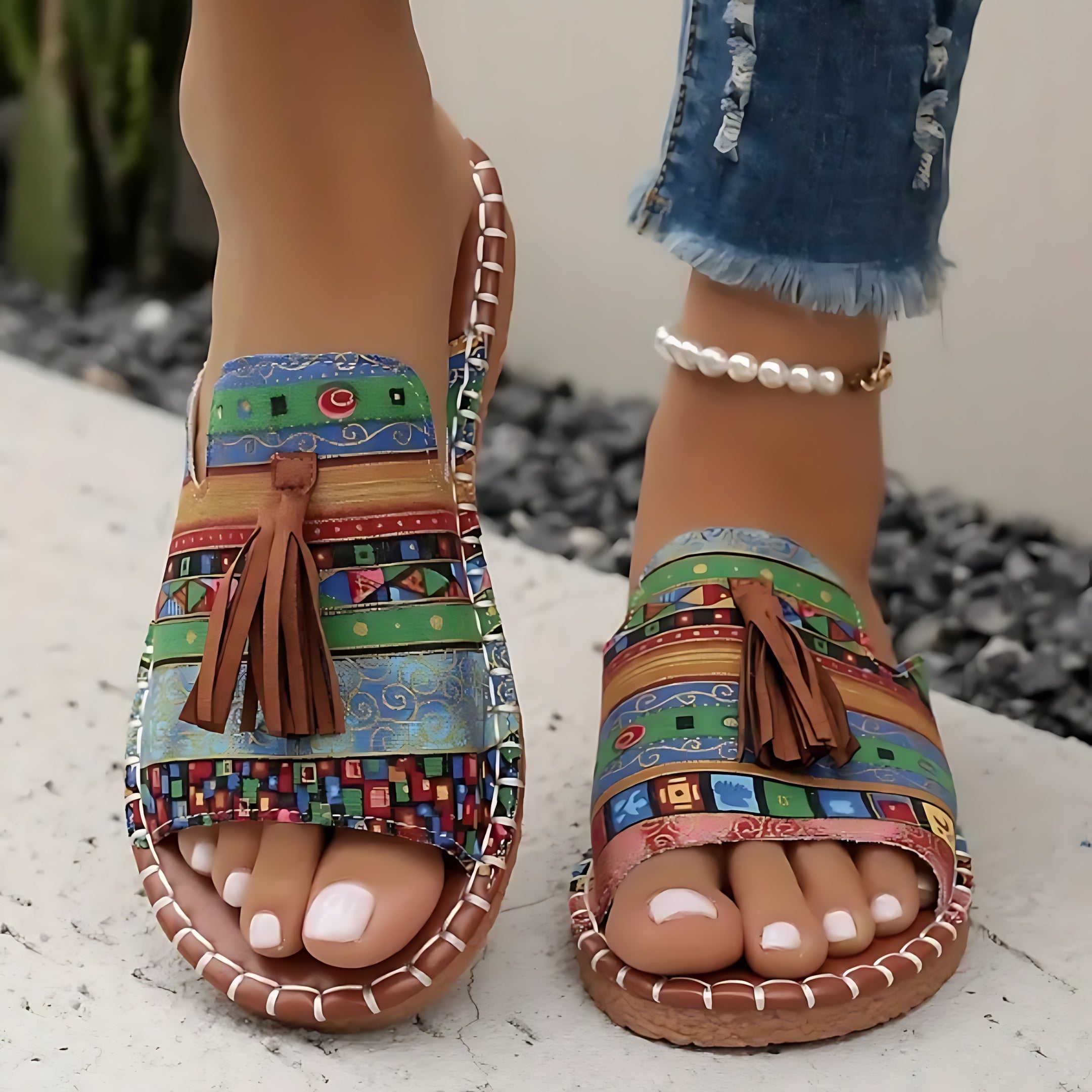 Isla – Embroidered Boho Flat Slide Sandals