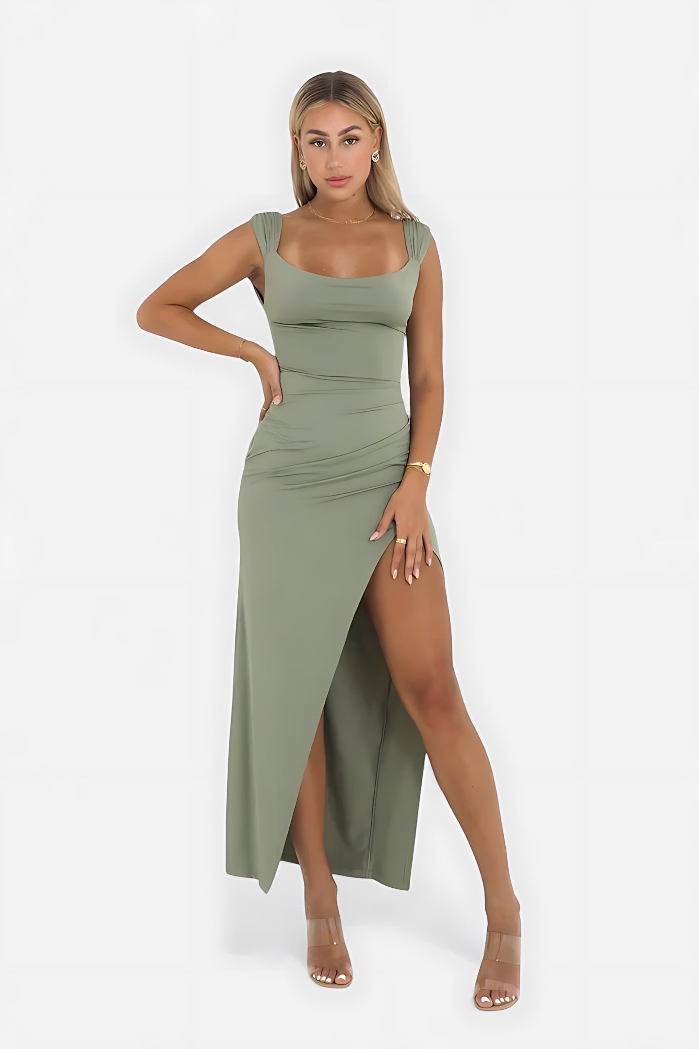 Ivy – Satin Square Neck Slit Cocktail Midi Dress