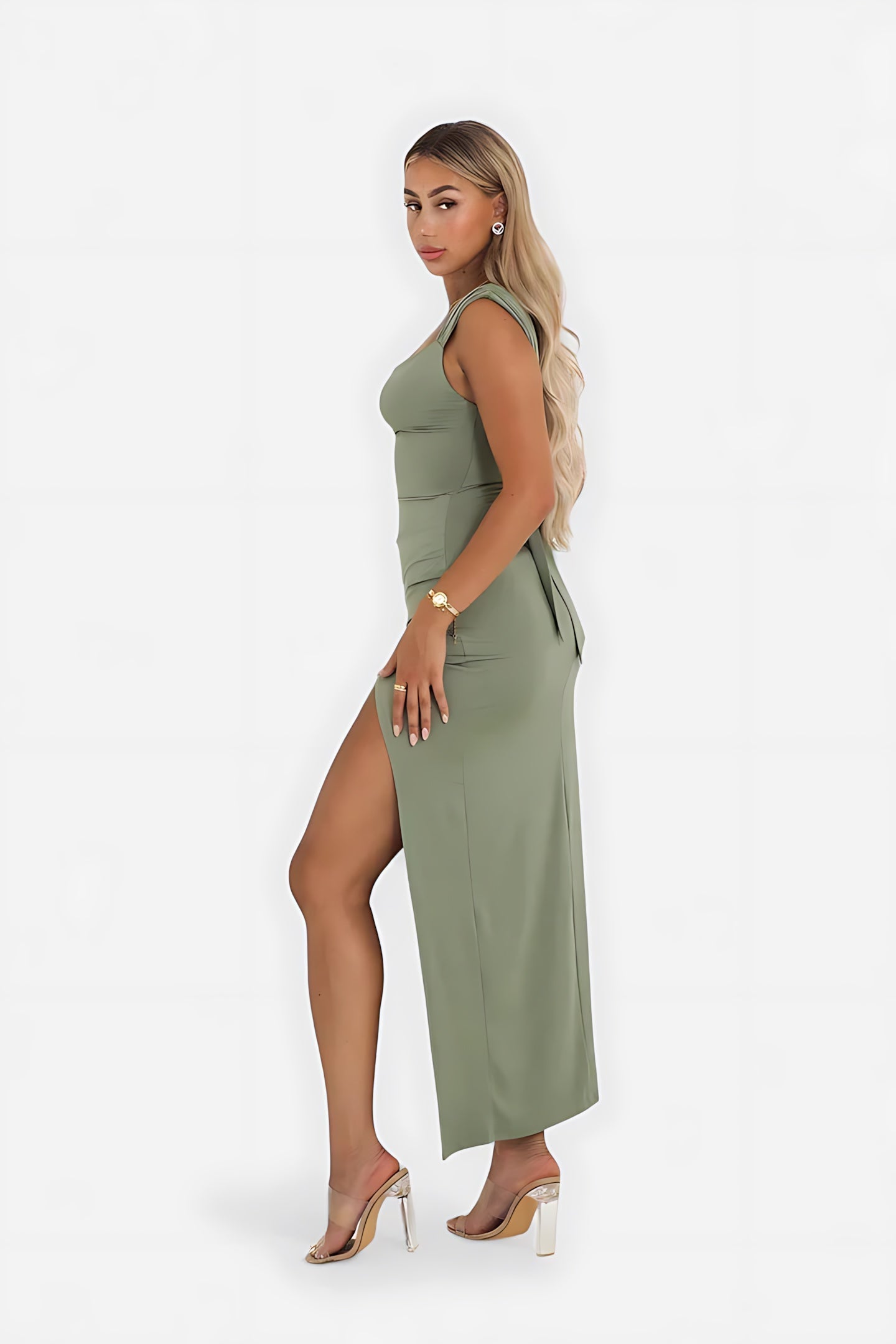 Ivy – Satin Square Neck Slit Cocktail Midi Dress