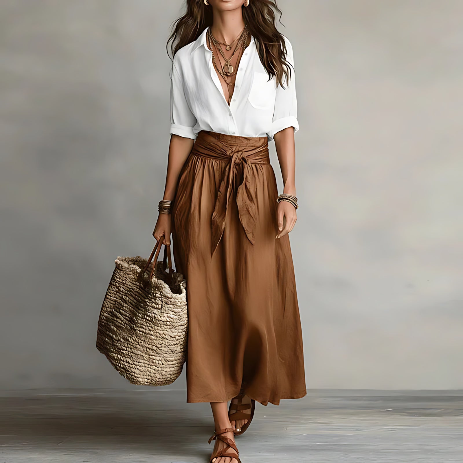 Jasmine – Button Up Shirt and A Line Midi Skirt Set