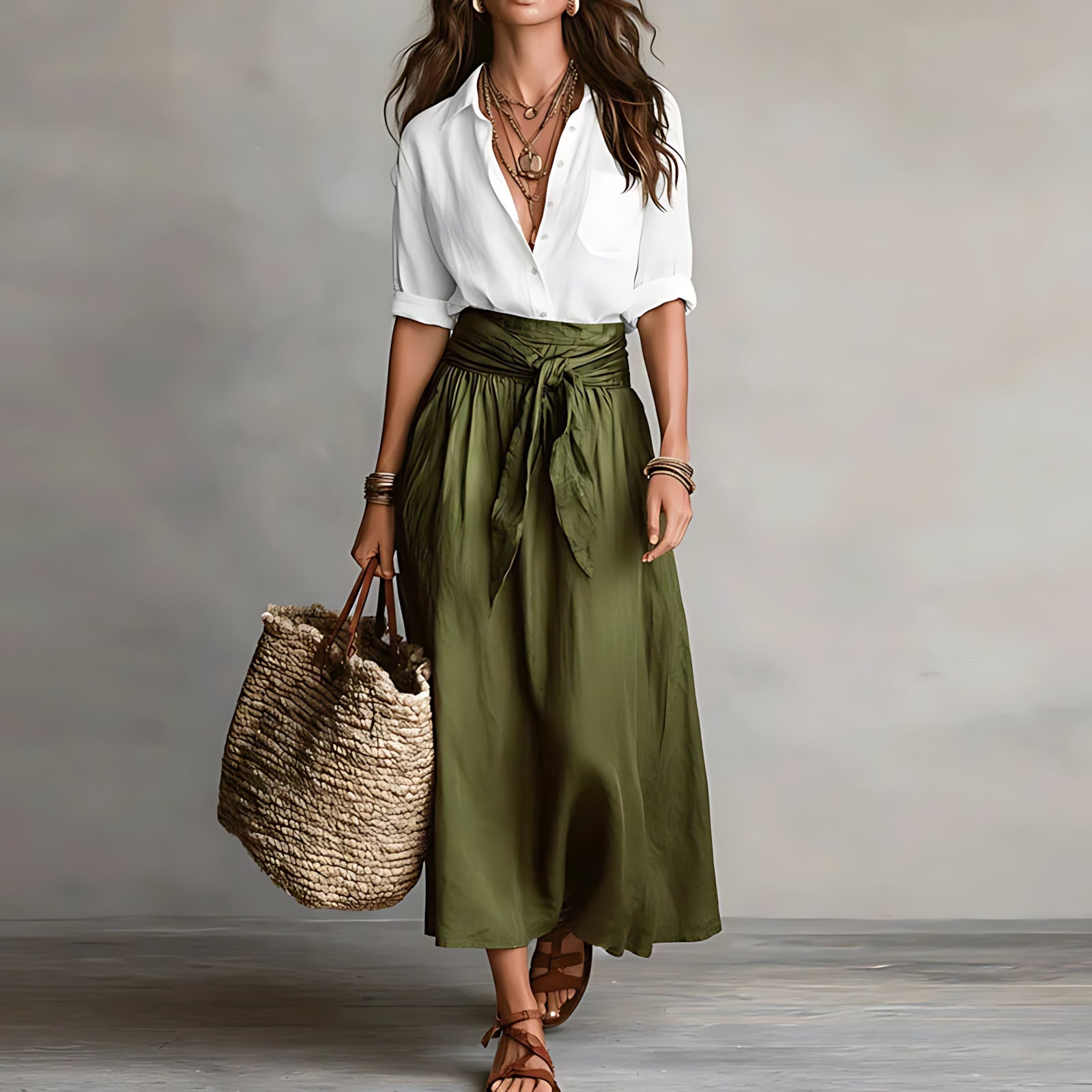 Jasmine – Button Up Shirt and A Line Midi Skirt Set