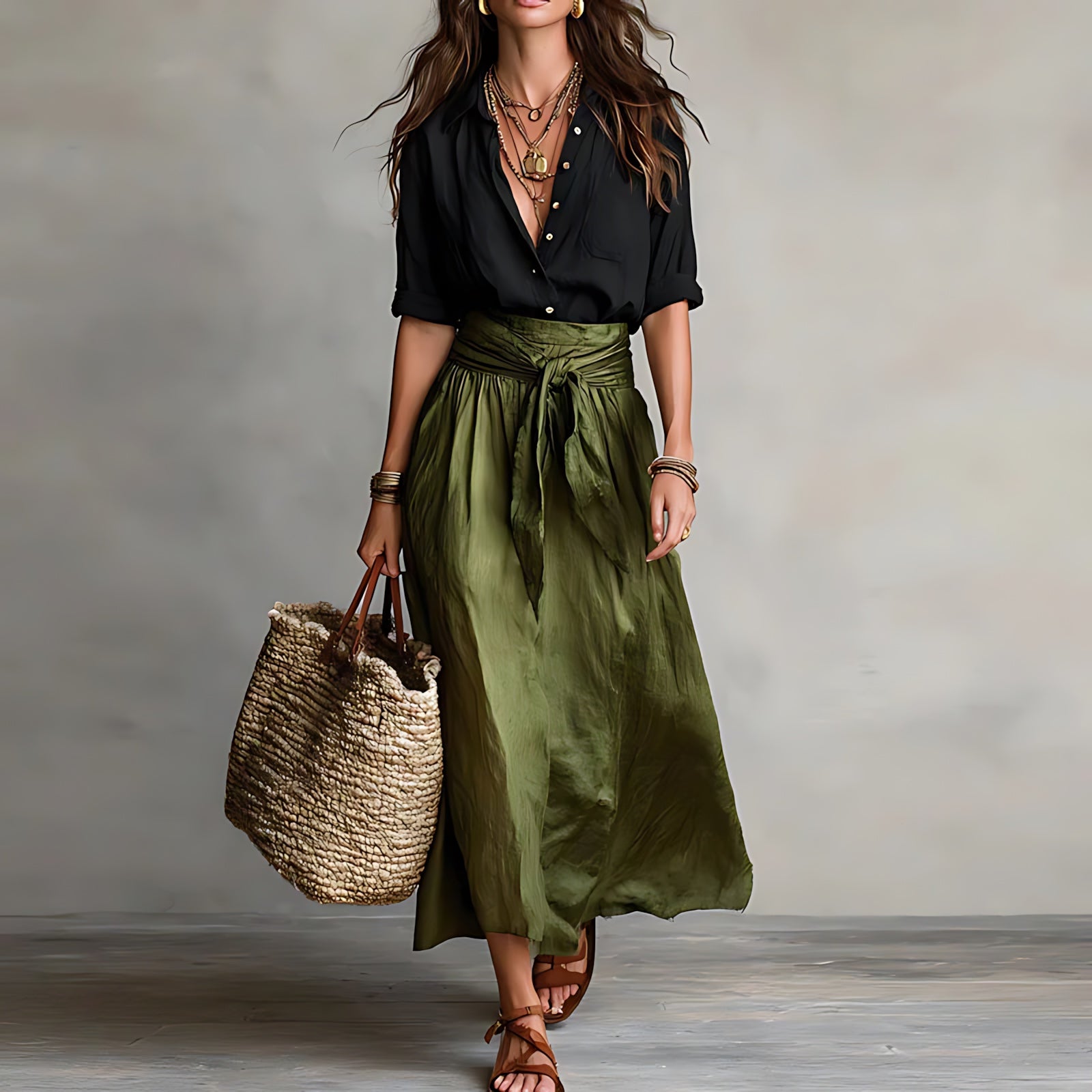 Jasmine – Button Up Shirt and A Line Midi Skirt Set