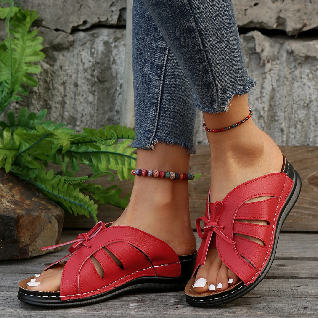 Imogen – Bow Cutout Low Wedge Slide Sandals