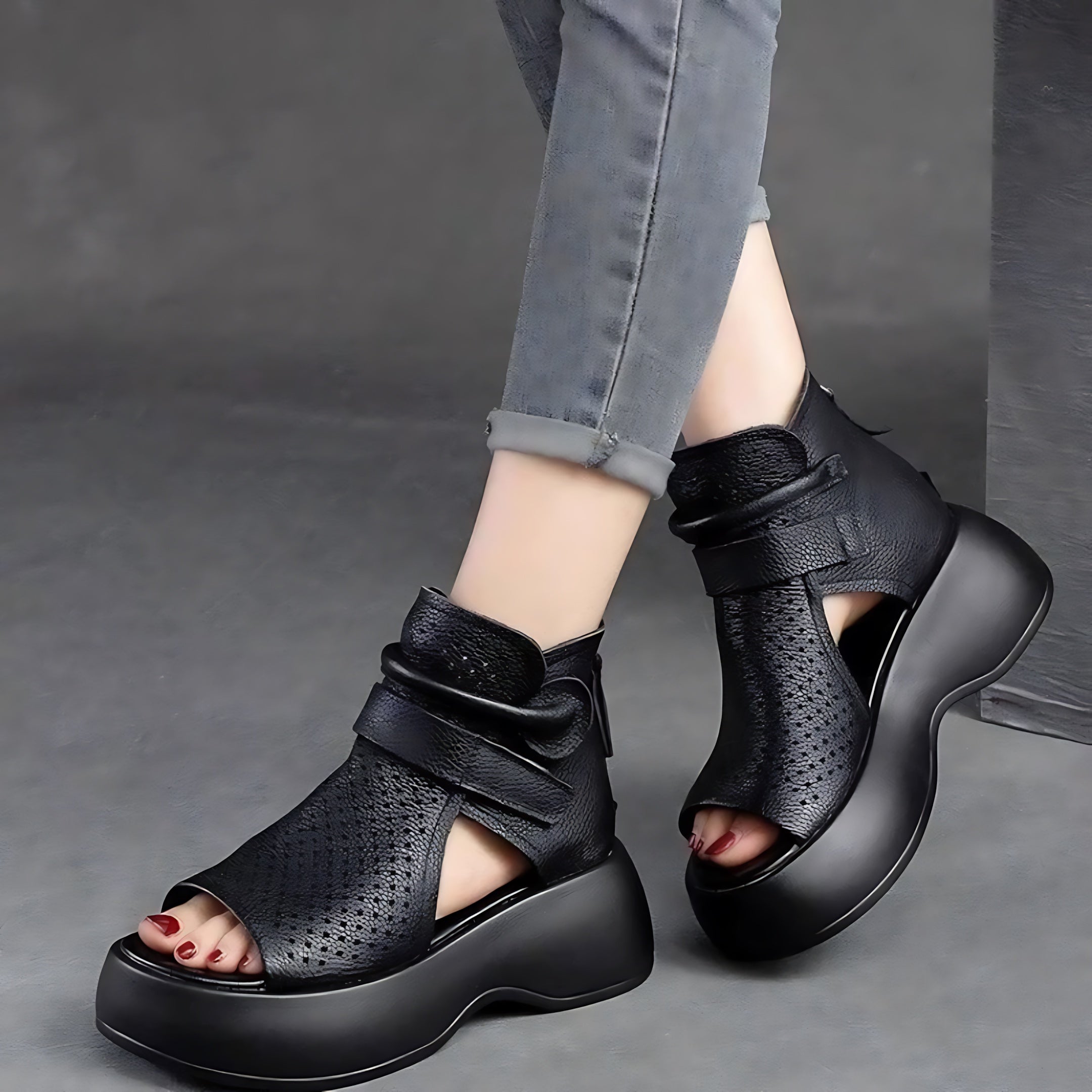 Jolene – Perforated Peep Toe Platform Sandal Boots
