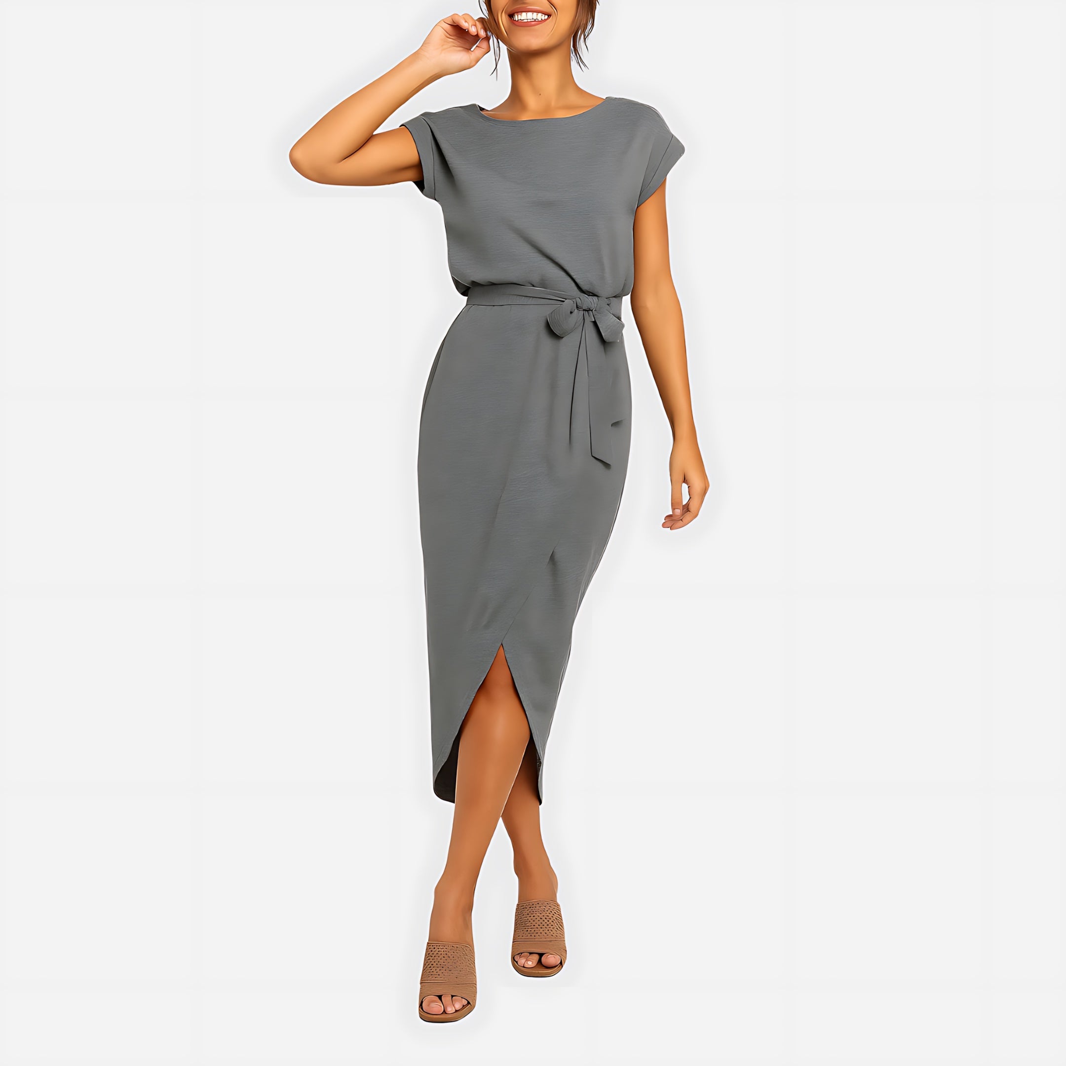 Jolene – Striped Tie Waist Short Sleeve Midi Dress