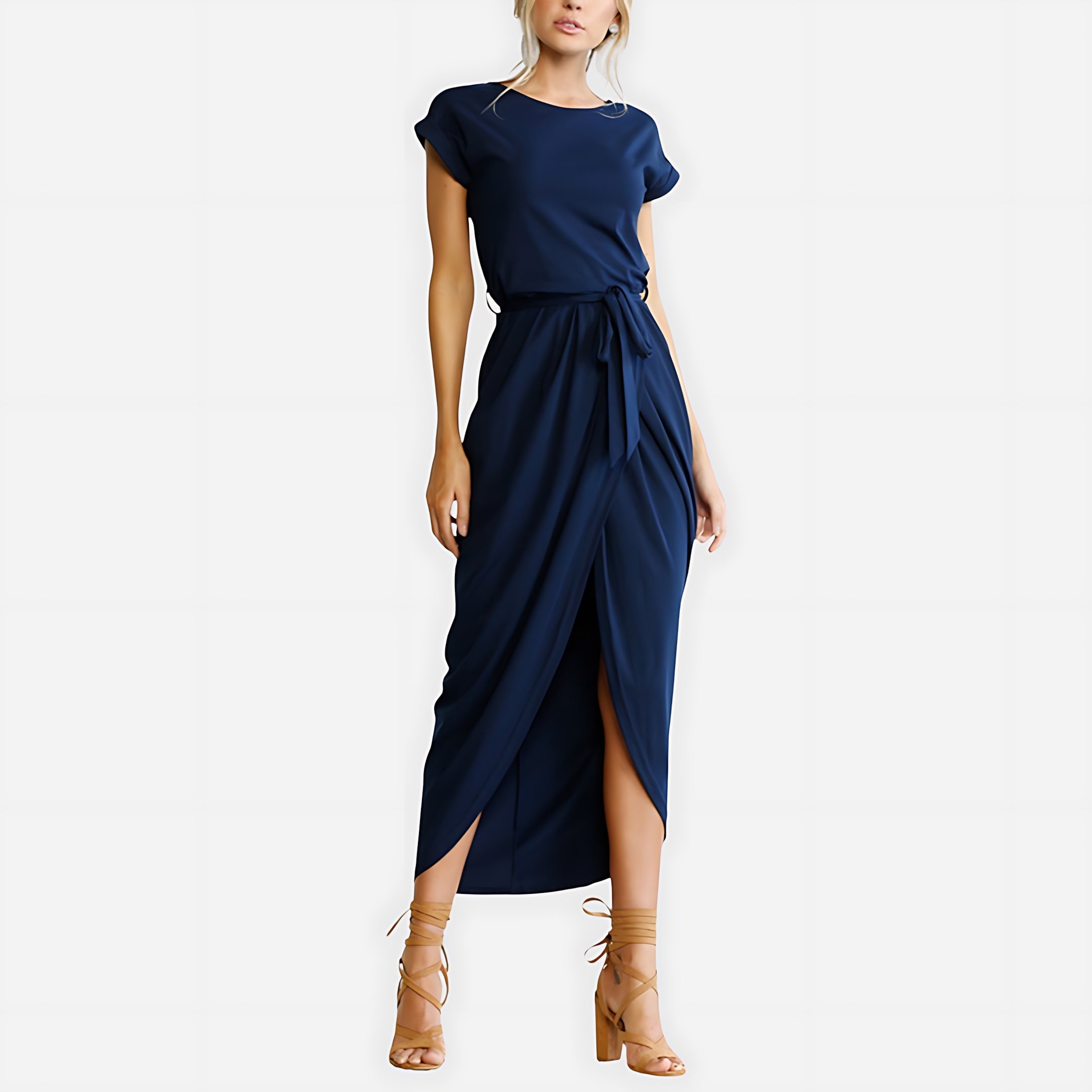 Jolene – Striped Tie Waist Short Sleeve Midi Dress