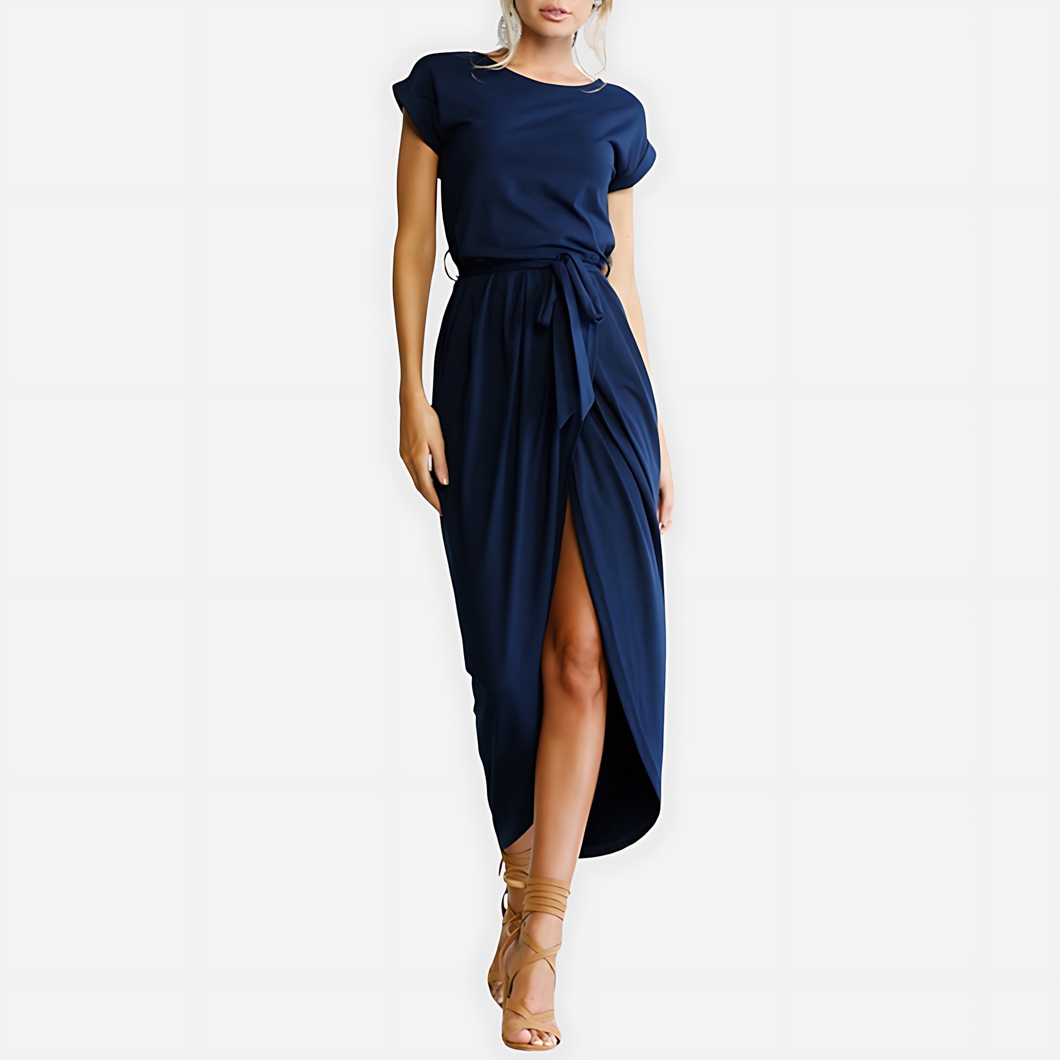 Jolene – Striped Tie Waist Short Sleeve Midi Dress