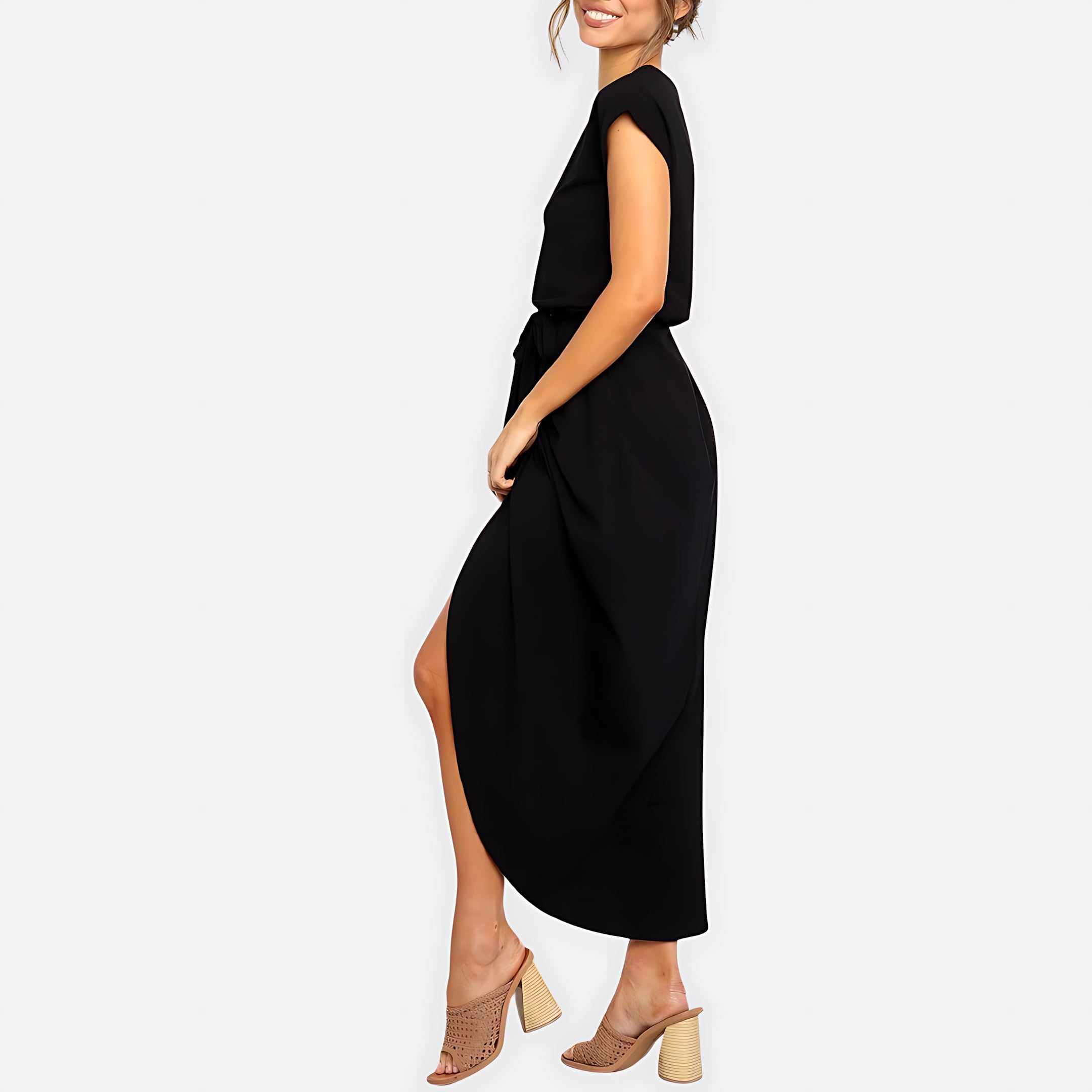 Jolene – Striped Tie Waist Short Sleeve Midi Dress