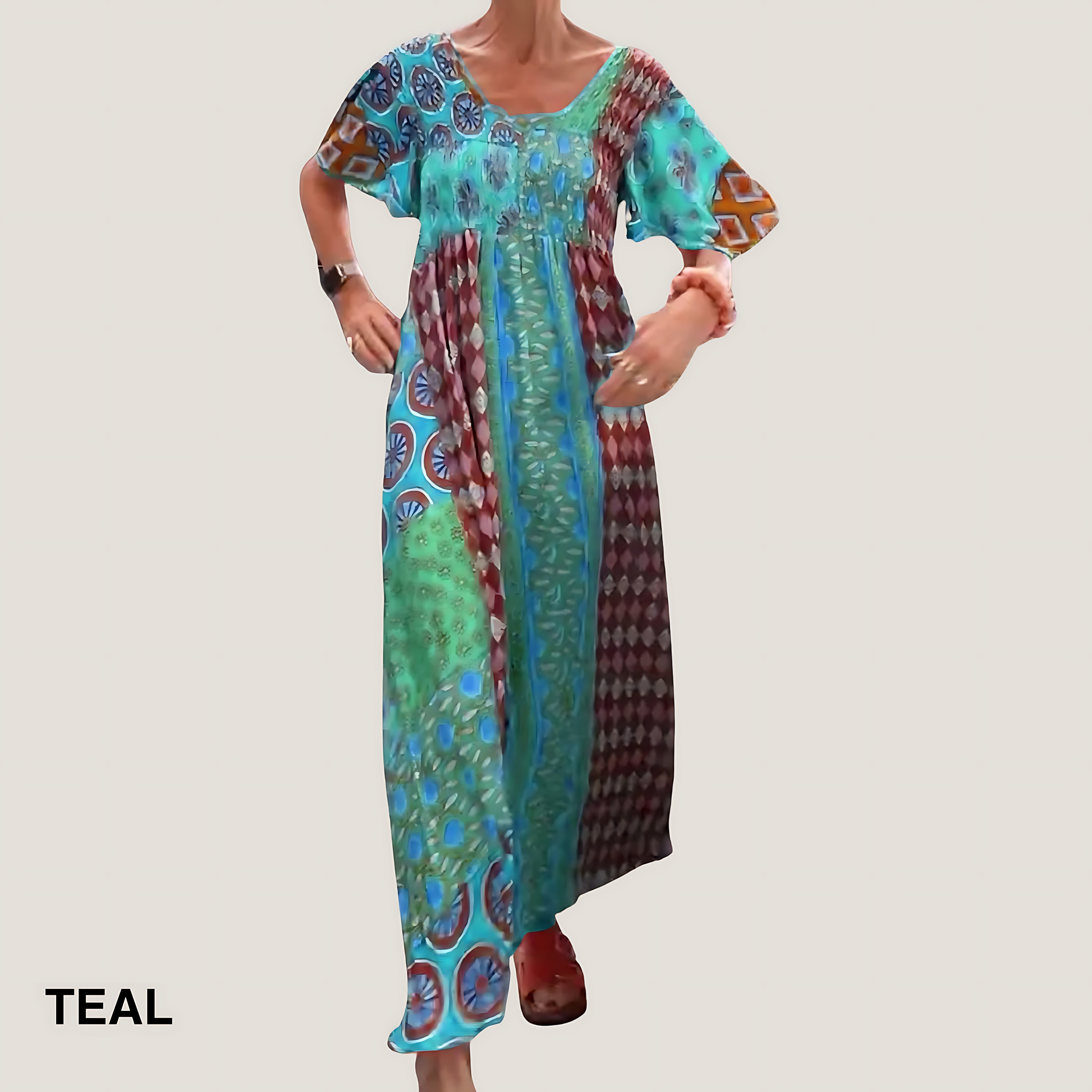 Josephine – Boho Mixed Print Short Sleeve Maxi Dress