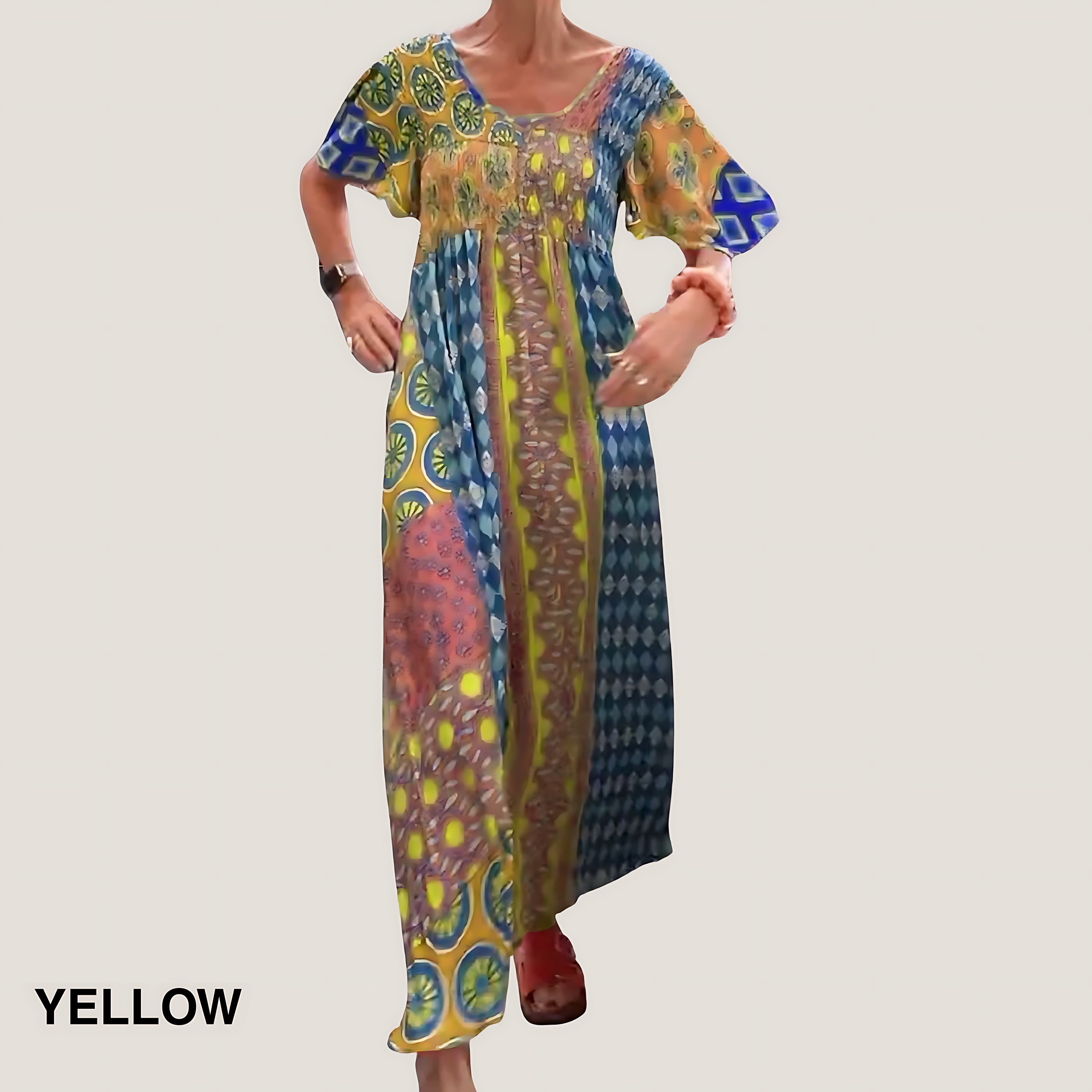 Josephine – Boho Mixed Print Short Sleeve Maxi Dress