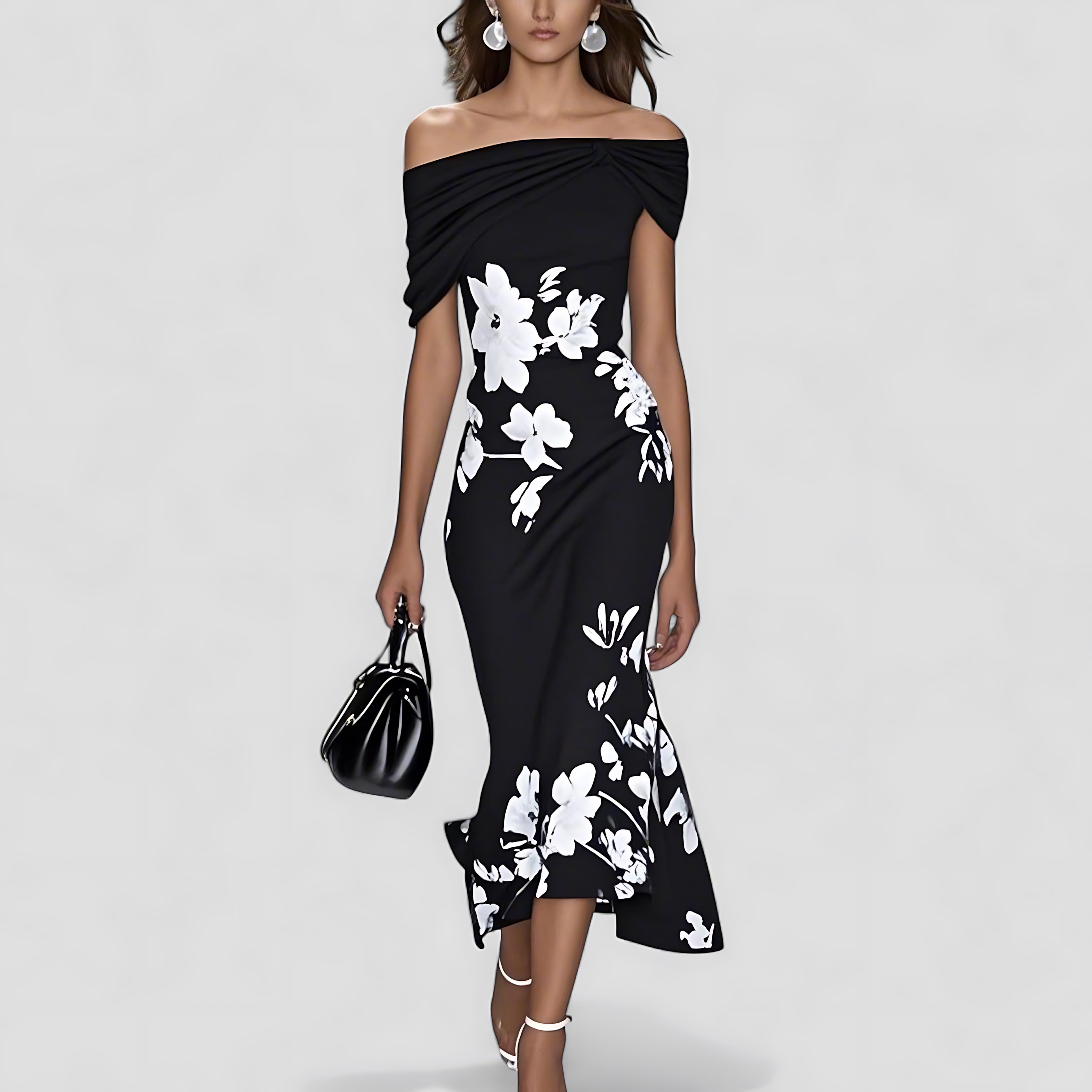Josephine – Floral Off Shoulder Wedding Guest Midi Dress