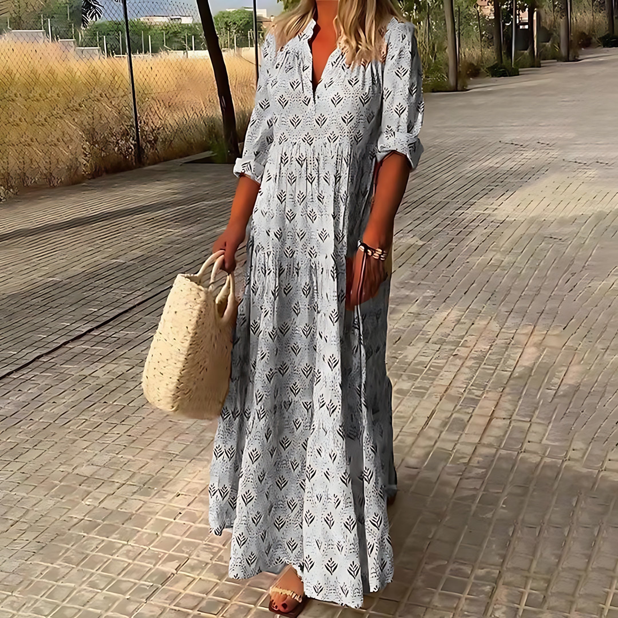 Josie – Boho Print V Neck Tiered Maxi Dress