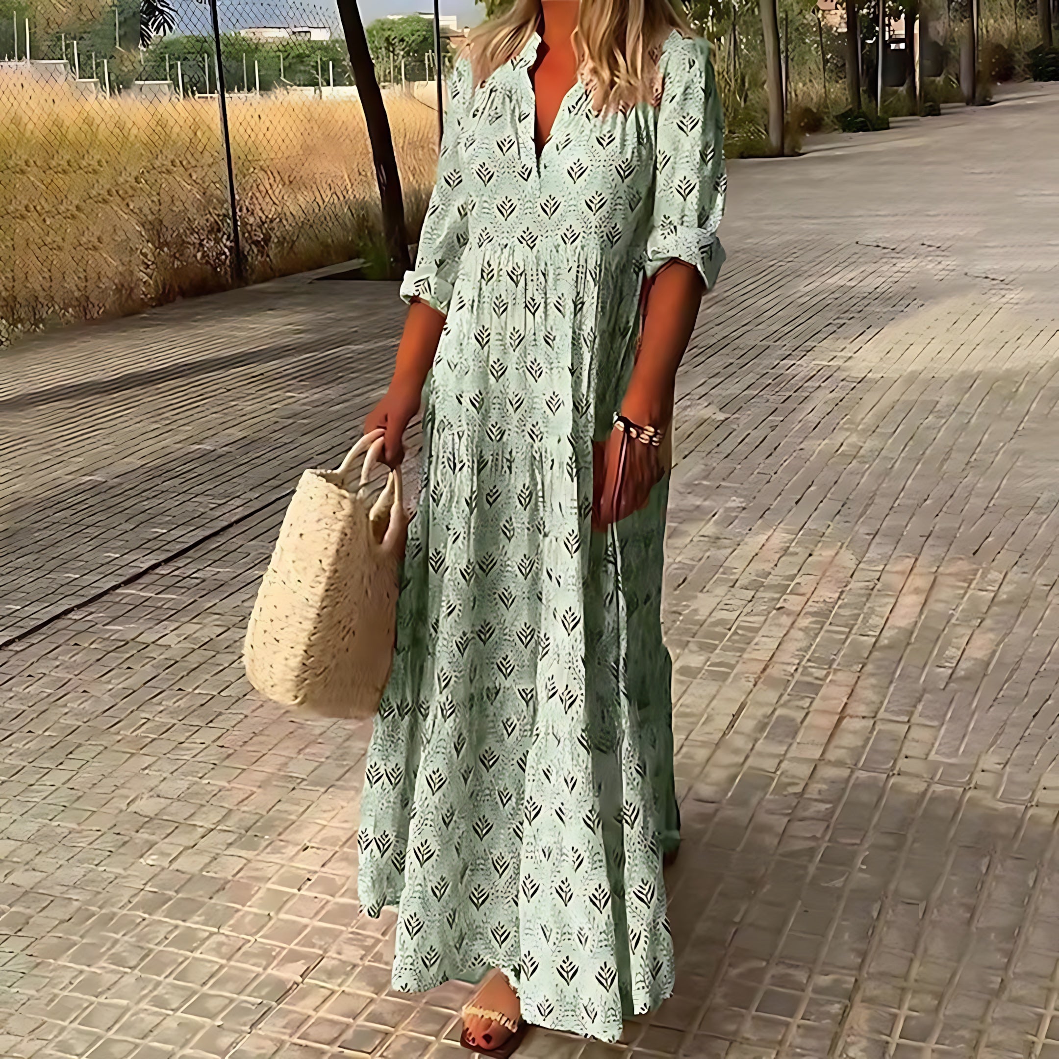 Josie – Boho Print V Neck Tiered Maxi Dress