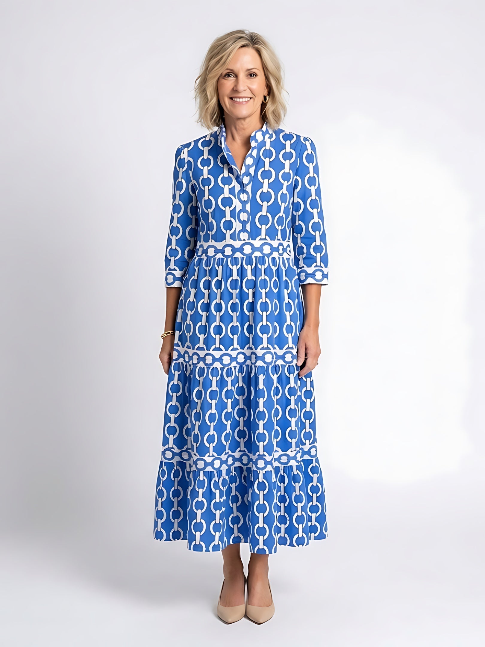 Josie – Geometric Print Tiered Maxi Shirt Dress