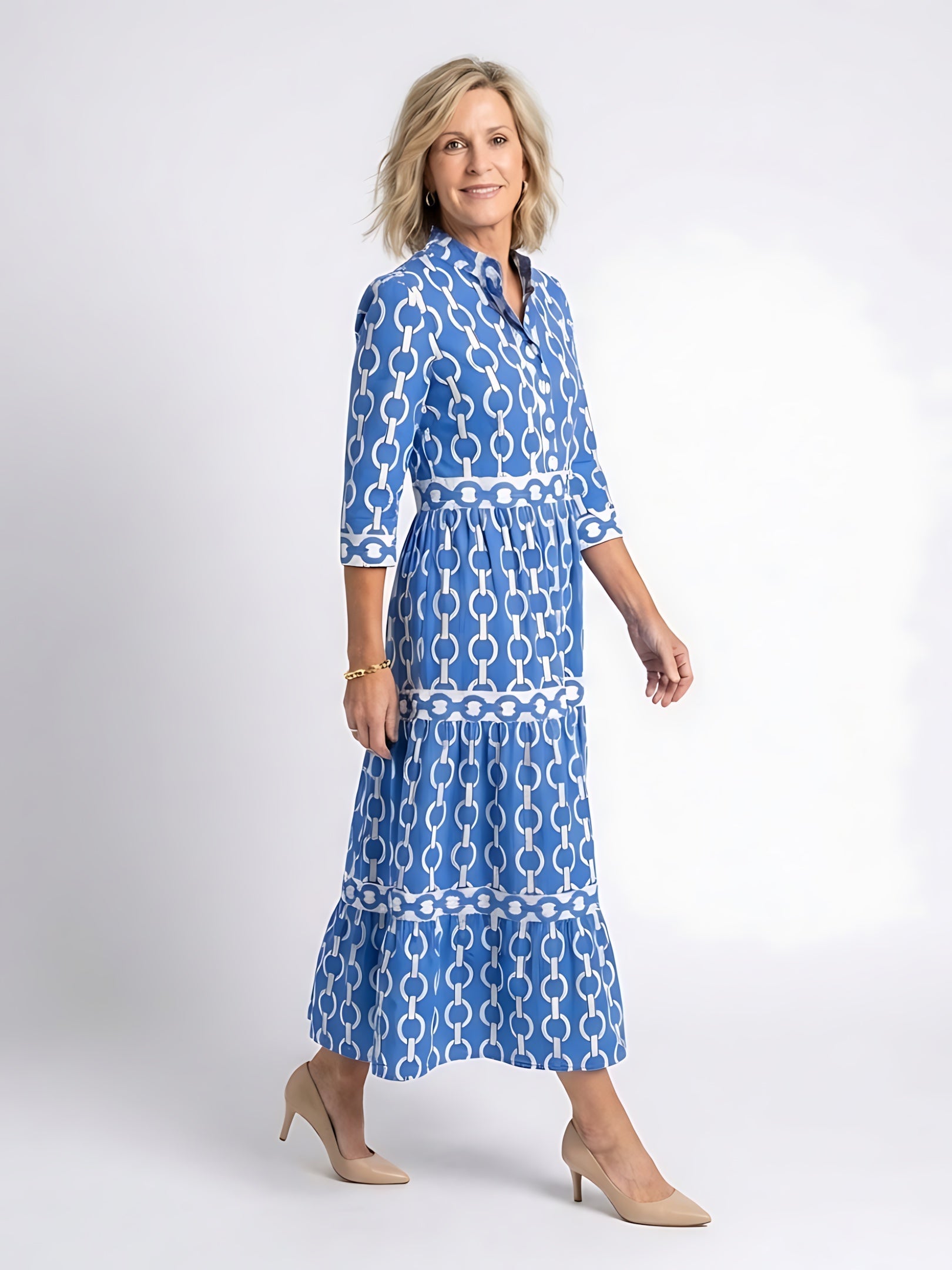 Josie – Geometric Print Tiered Maxi Shirt Dress