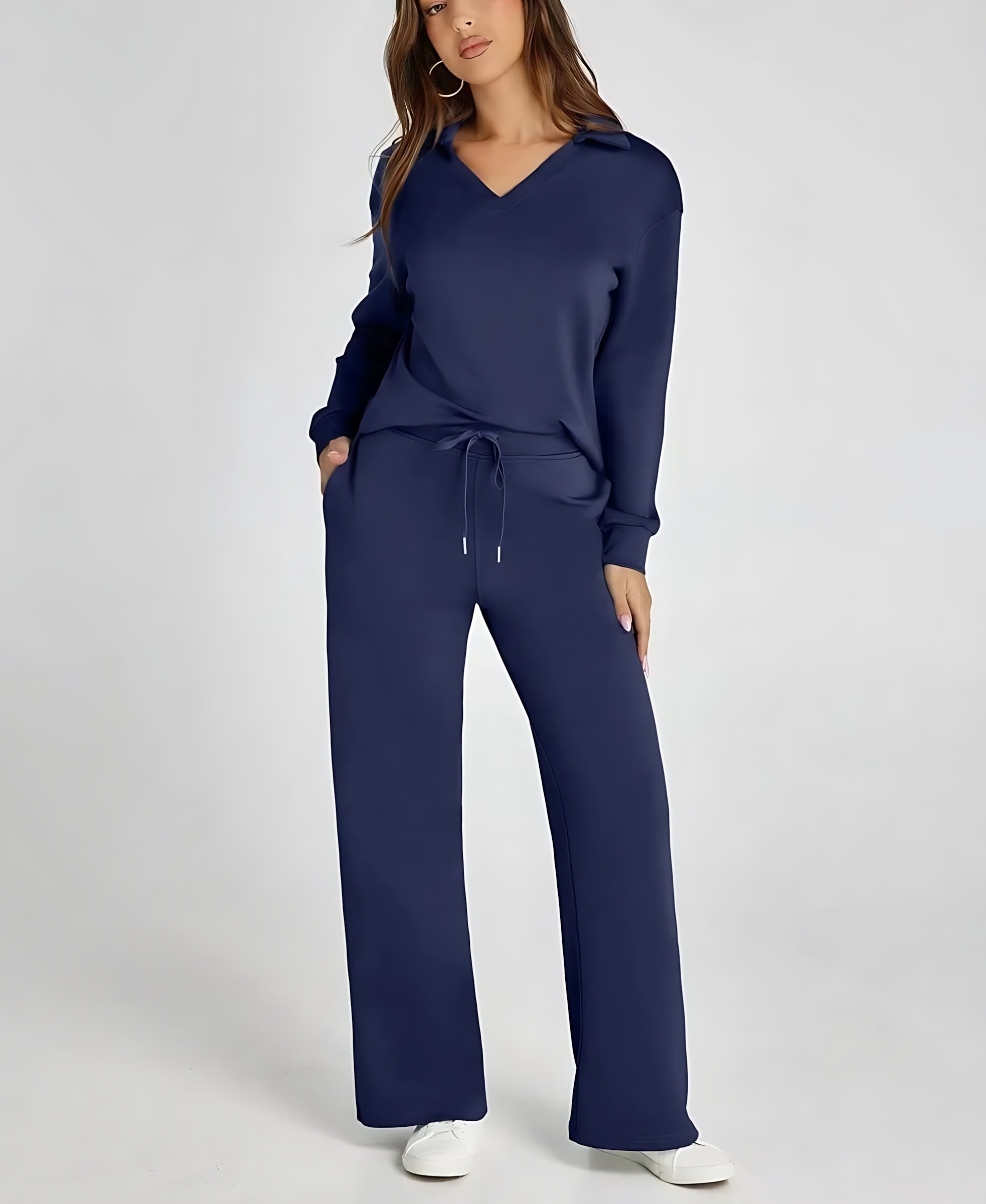 Josie – V Neck Long Sleeve Top and Straight Leg Pants Lounge Set