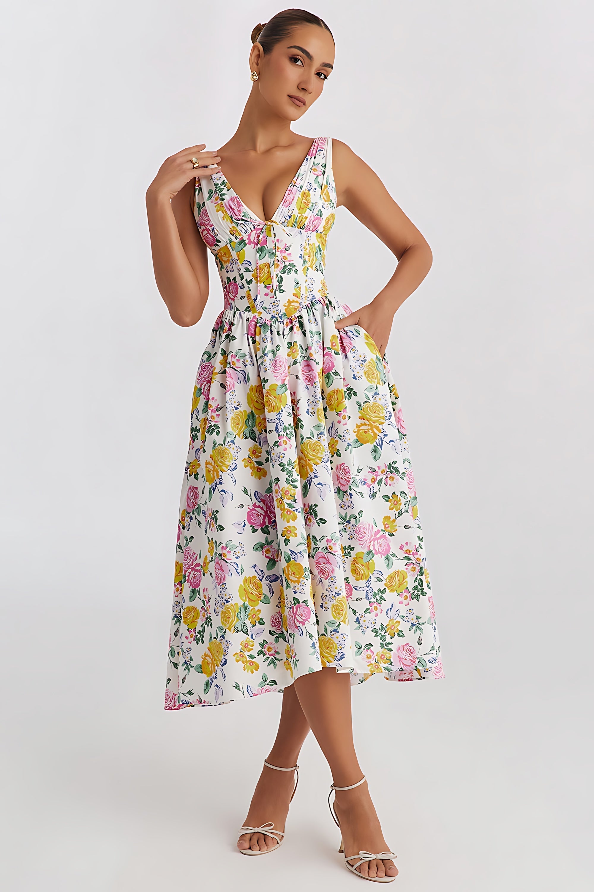 Journee – Floral Print V Neck A Line Summer Midi Dress