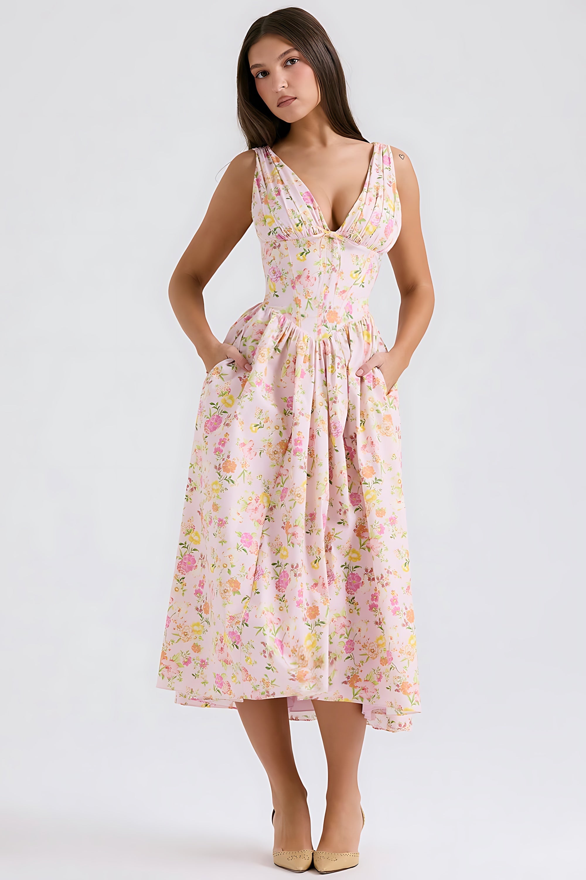 Journee – Floral Print V Neck A Line Summer Midi Dress