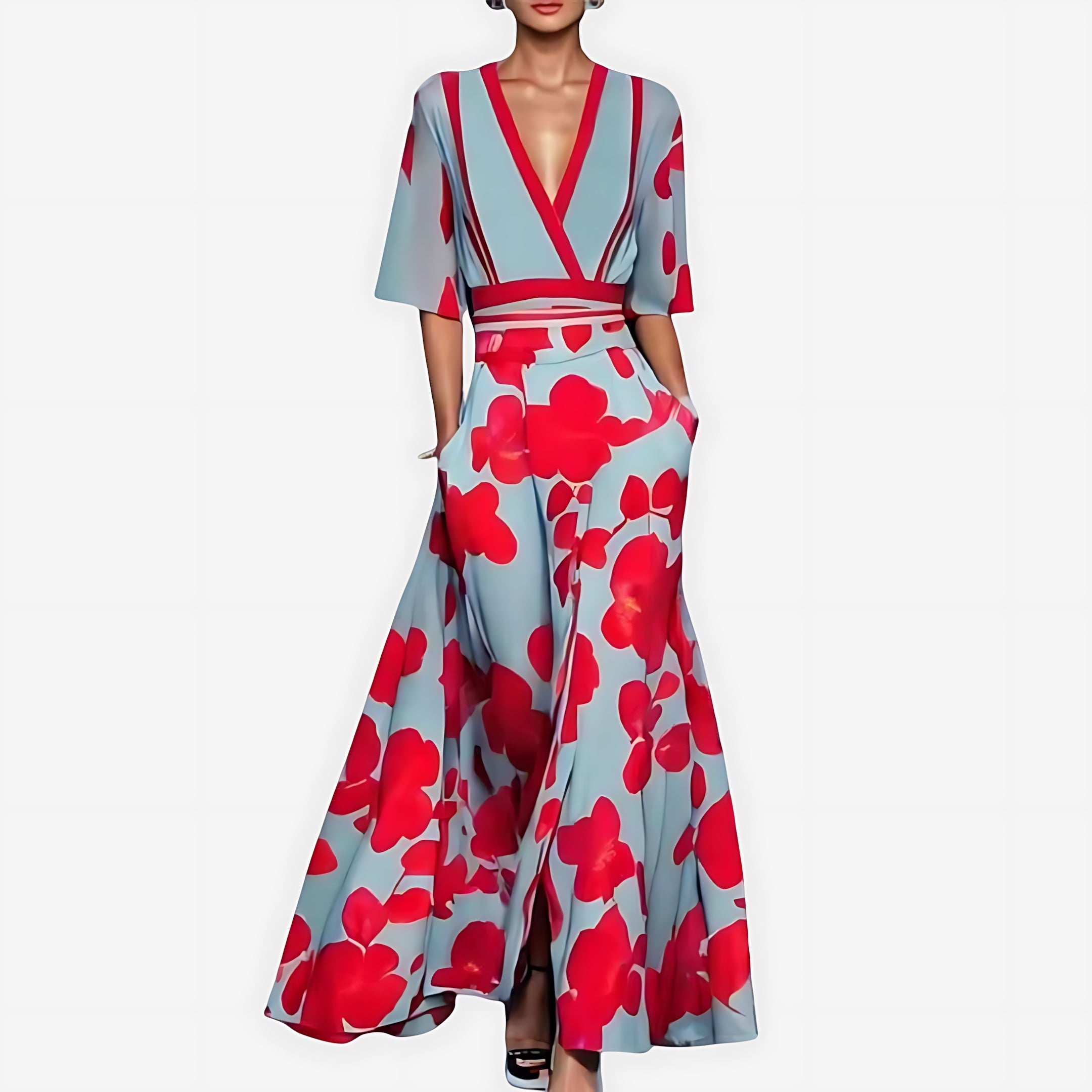 Journee – Floral Print V Neck Summer Maxi Dress